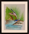 Two River Birds in Flight by a Palm Shore — Bird Miniature on Paper (14×11 in)