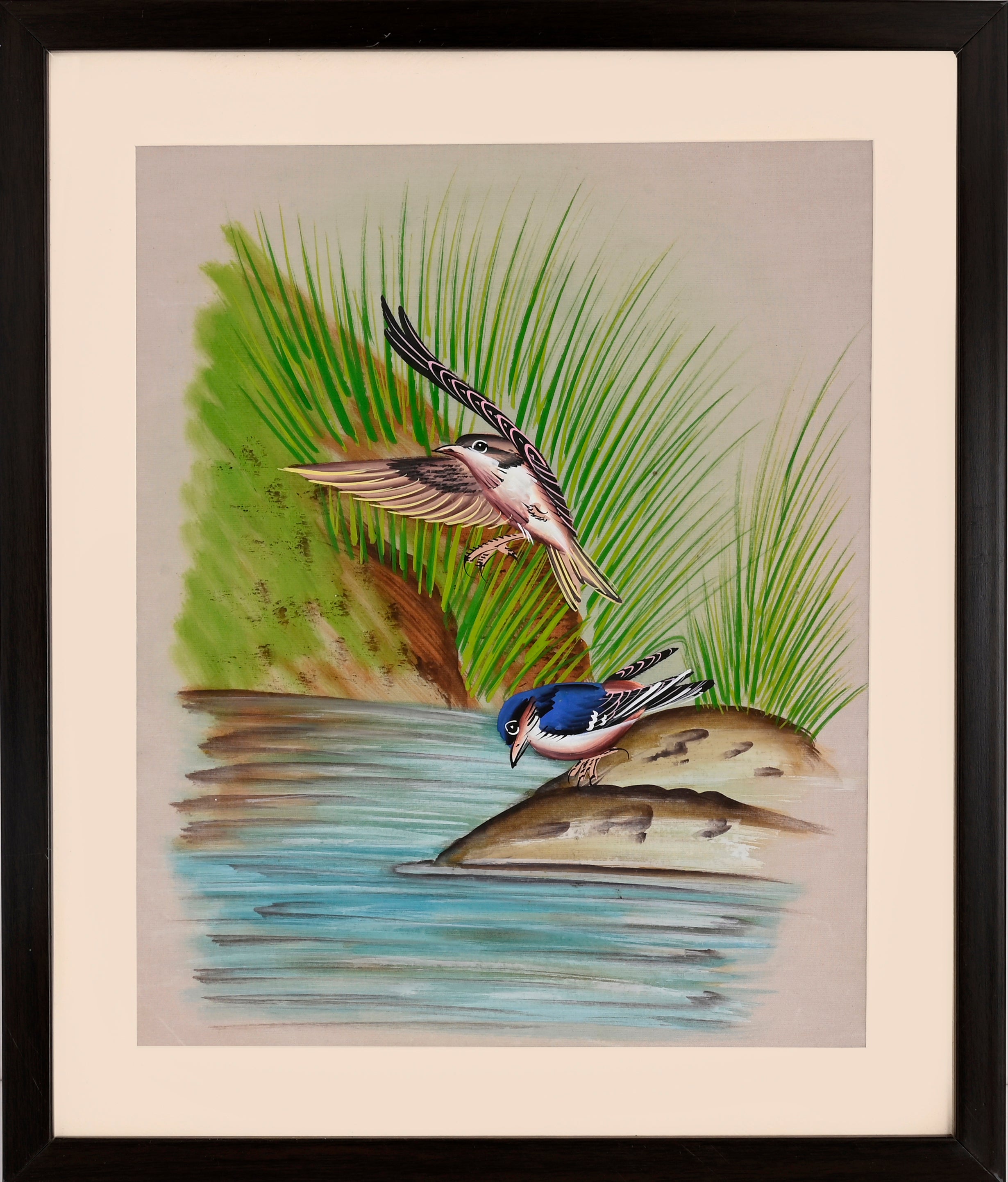 Two River Birds in Flight by a Palm Shore — Bird Miniature on Paper (14×11 in)
