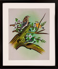 Three Forest Birds on a Blossom-and-Leaf Branch — Bird Miniature on Paper (14×11 in)