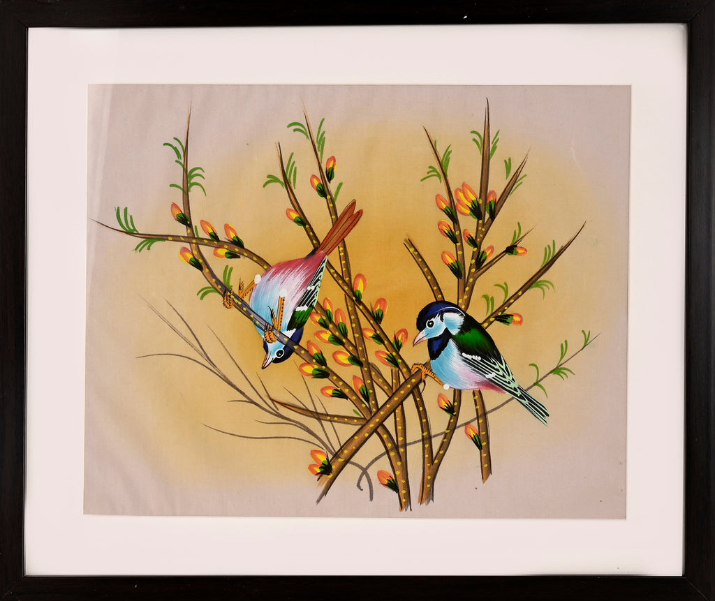 Two Exotic Birds on a Budding Branch — Cloth Painting (14×11 in)