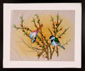 Two Exotic Birds on a Budding Branch — Cloth Painting (14×11 in)