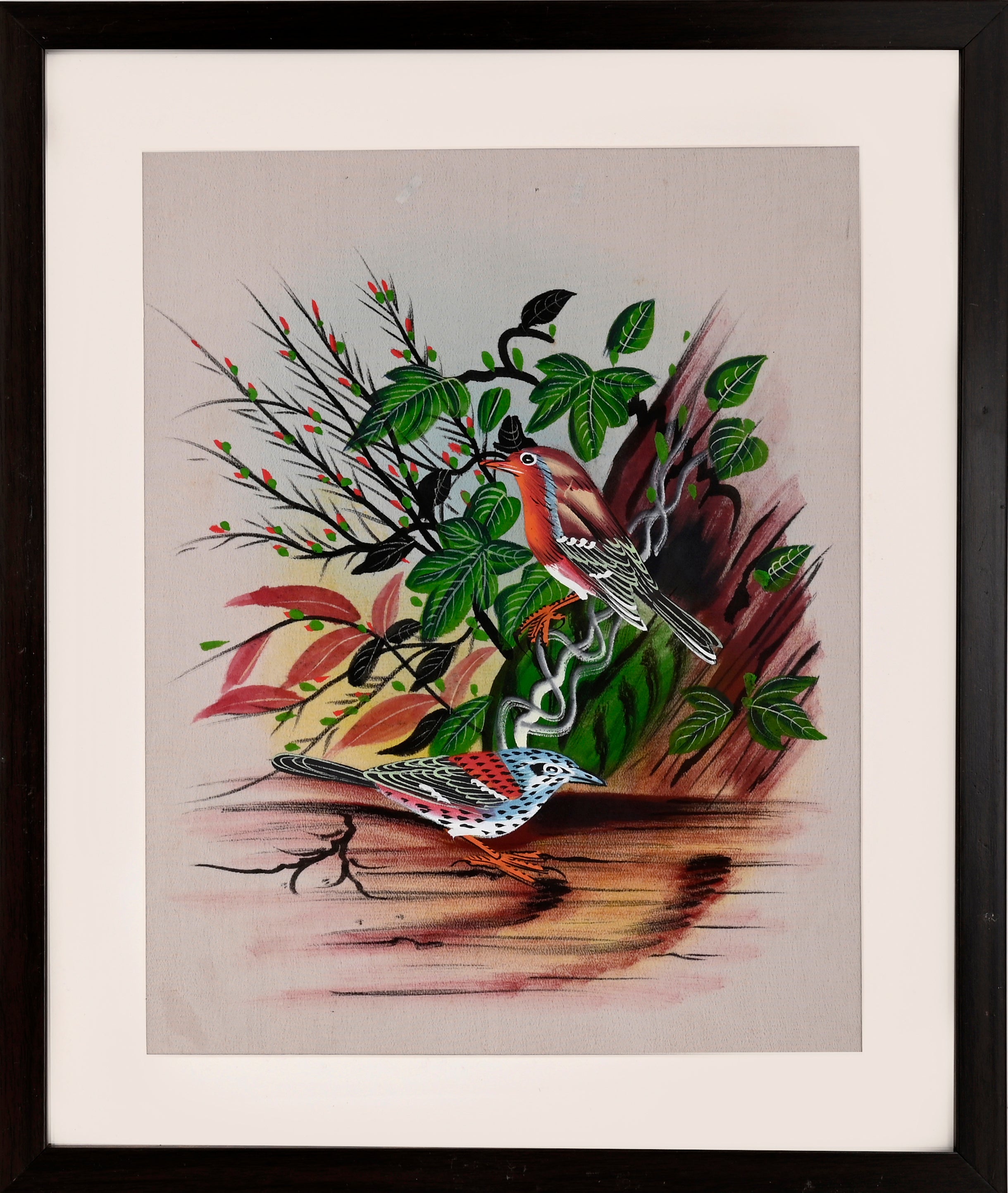 Two Forest Birds in Dense Foliage — Bird Miniature on Paper (14×11 in)