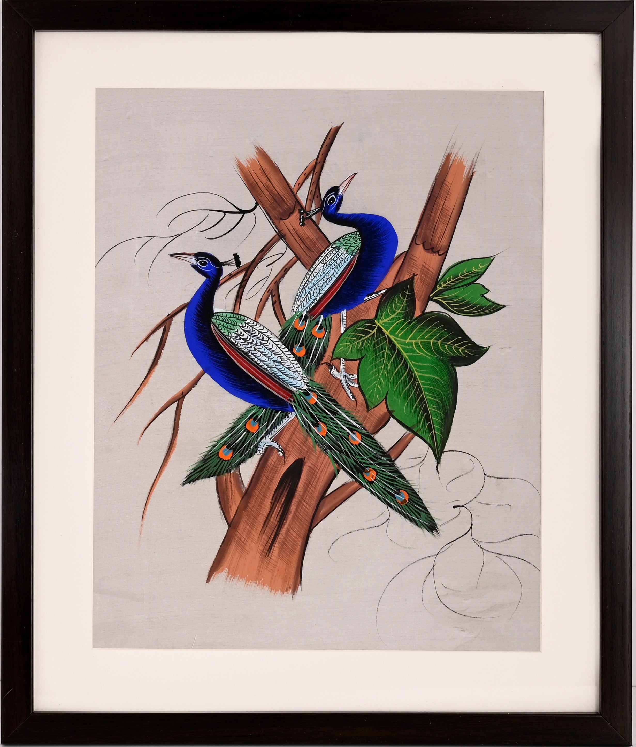 Pair of Indian Peacocks in a Tree — Bird Miniature on Paper (14×11 in)