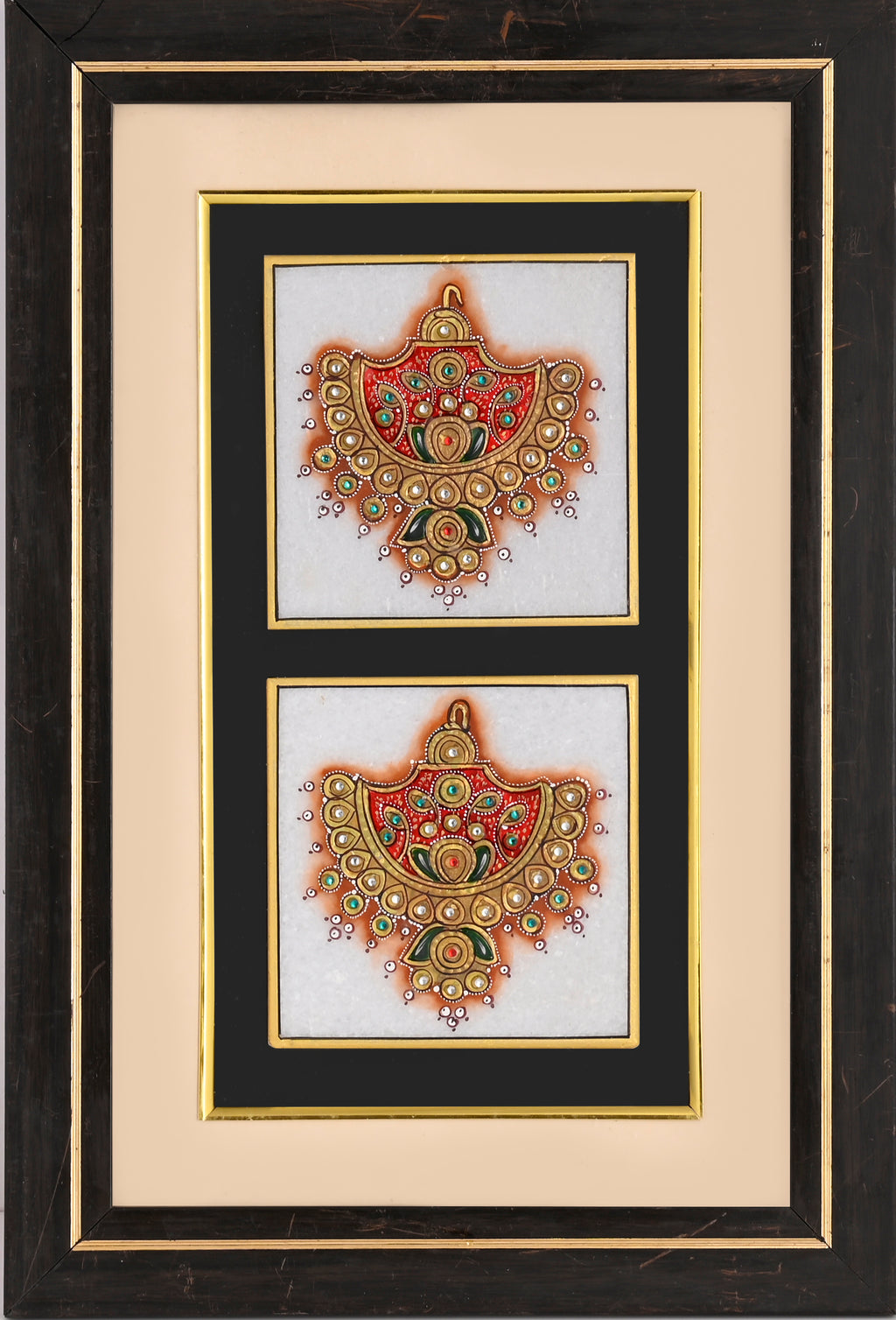 Pair of Fan-Shaped Kundan Pendants — Jewellery Study Miniature on Paper (12×9 in)