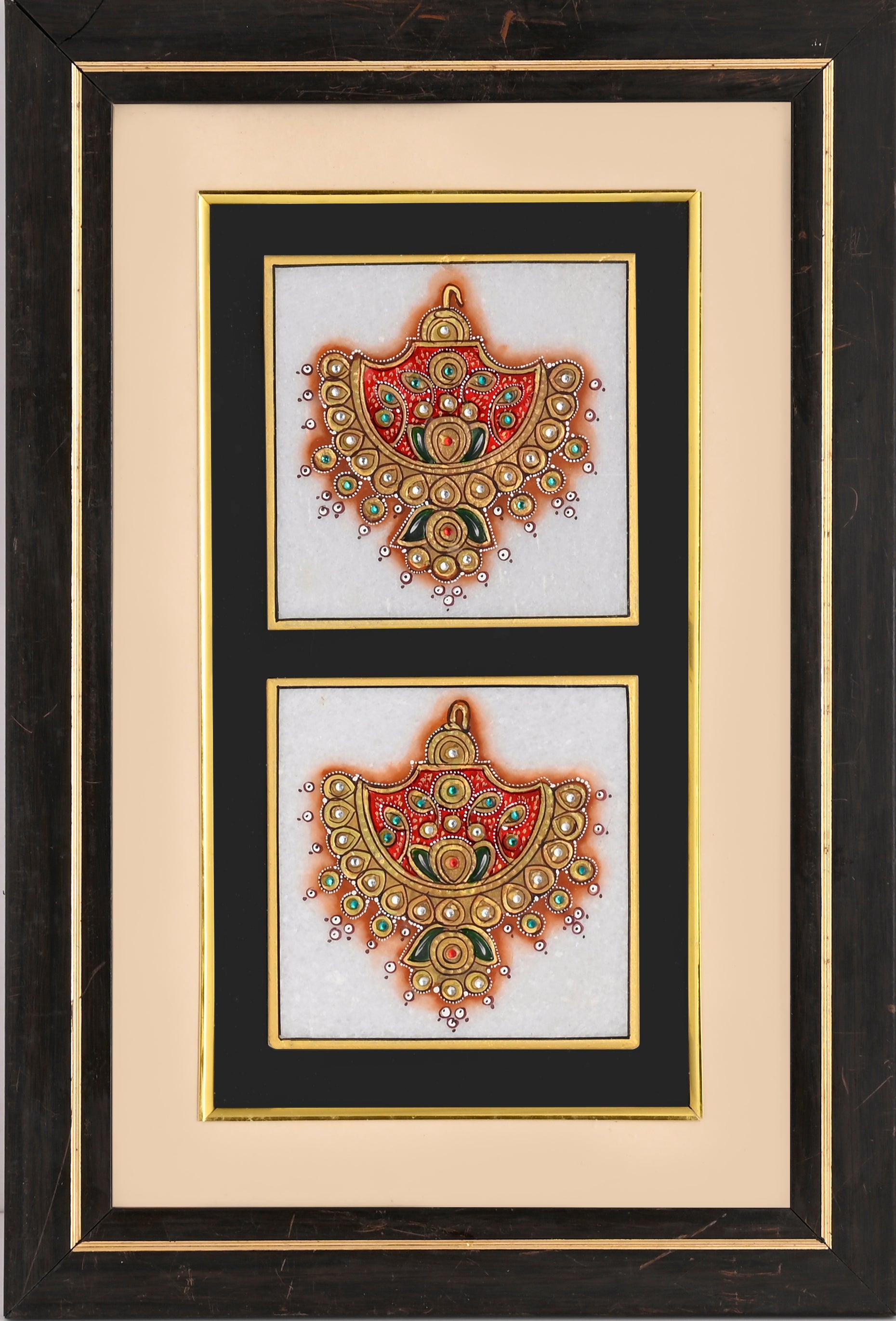 Pair of Fan-Shaped Kundan Pendants — Jewellery Study Miniature on Paper (12×9 in)