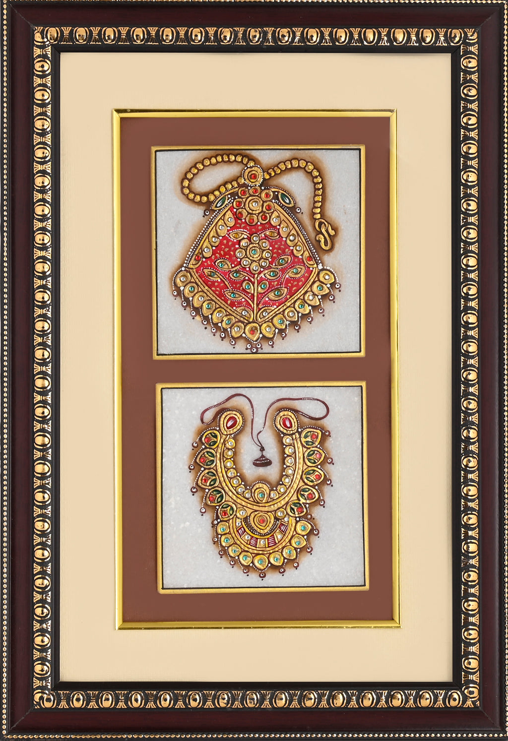Shield Pendant & Crescent Necklace — Jewellery Study Miniature on Paper (12×9 in)