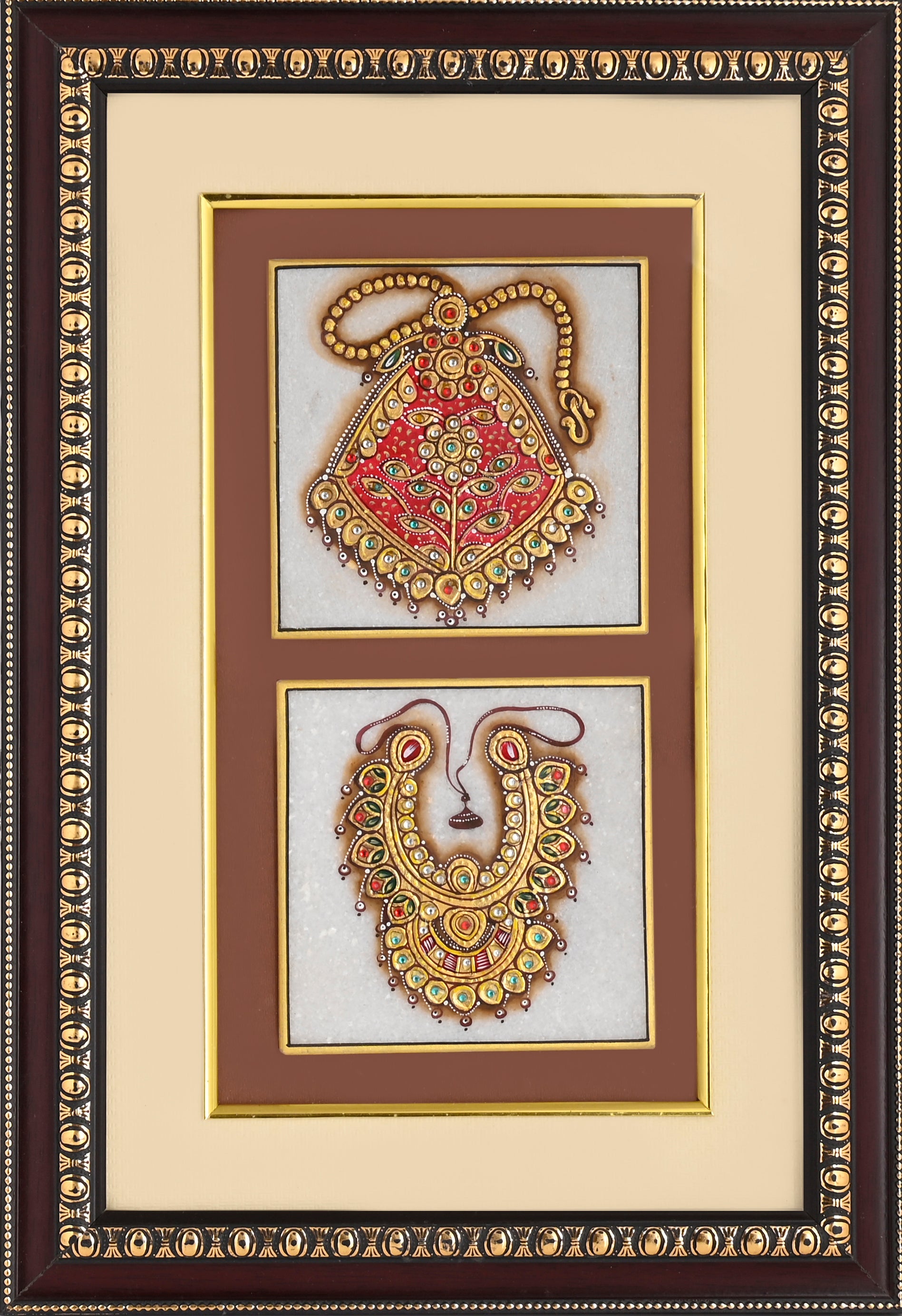 Shield Pendant & Crescent Necklace — Jewellery Study Miniature on Paper (12×9 in)