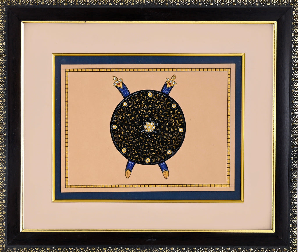 Mughal War Shield with Dagger Bosses — Arms Study Miniature on Paper (12×11 in)