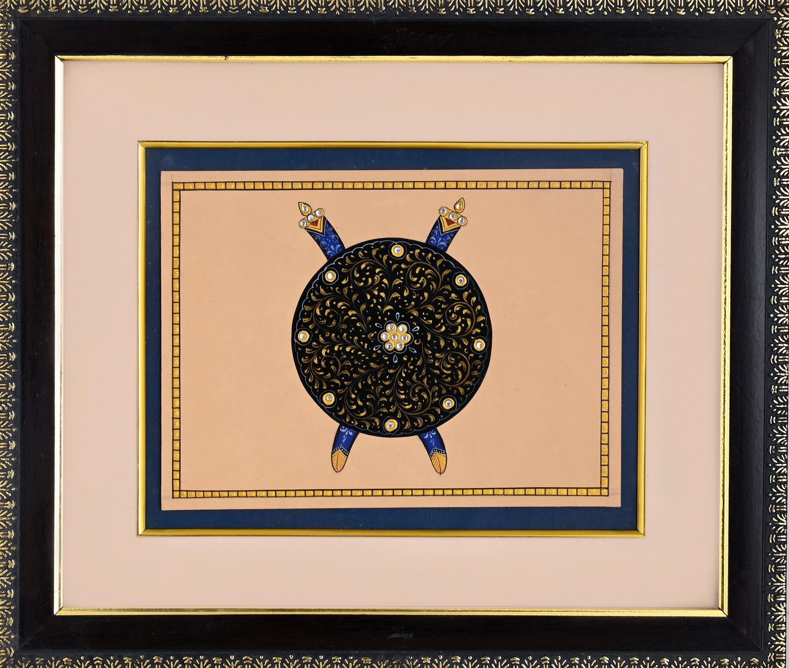 Mughal War Shield with Dagger Bosses — Arms Study Miniature on Paper (12×11 in)