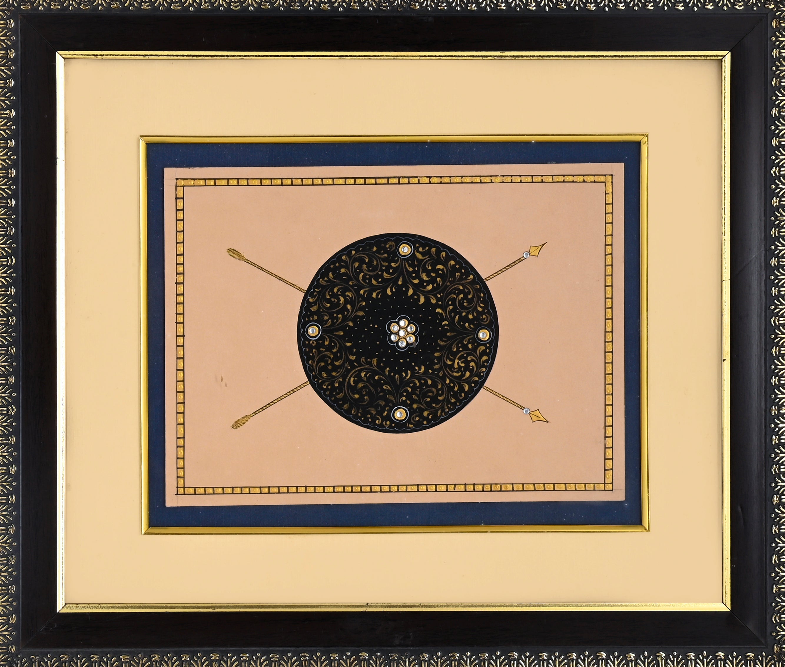 Mughal War Shield with Crossed Spears — Arms Study Miniature on Paper (12×11 in)