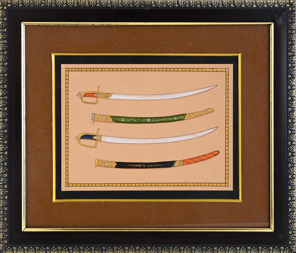 Two Talwar Swords with Ornate Scabbards — Arms Study Miniature on Paper (12×11 in)