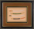 Two Talwar Swords with Ornate Scabbards — Arms Study Miniature on Paper (12×11 in)