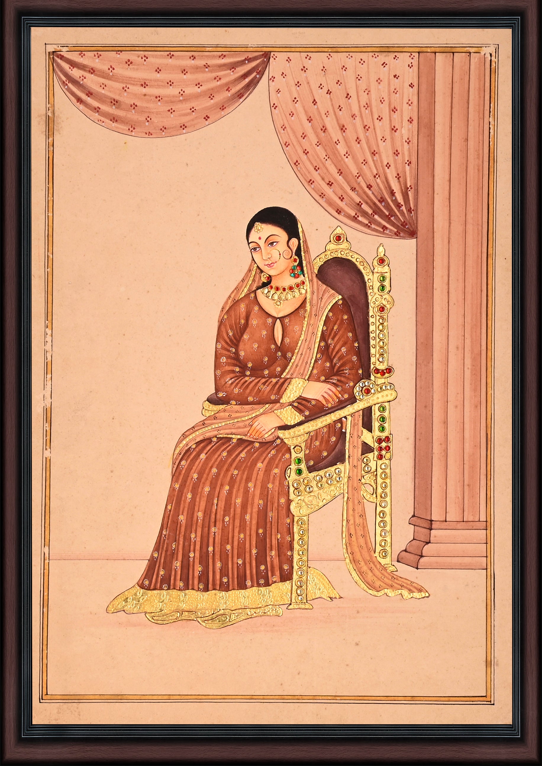 Seated Queen on a Jewelled Throne — Company School Portrait Miniature on Paper (13×9 in)