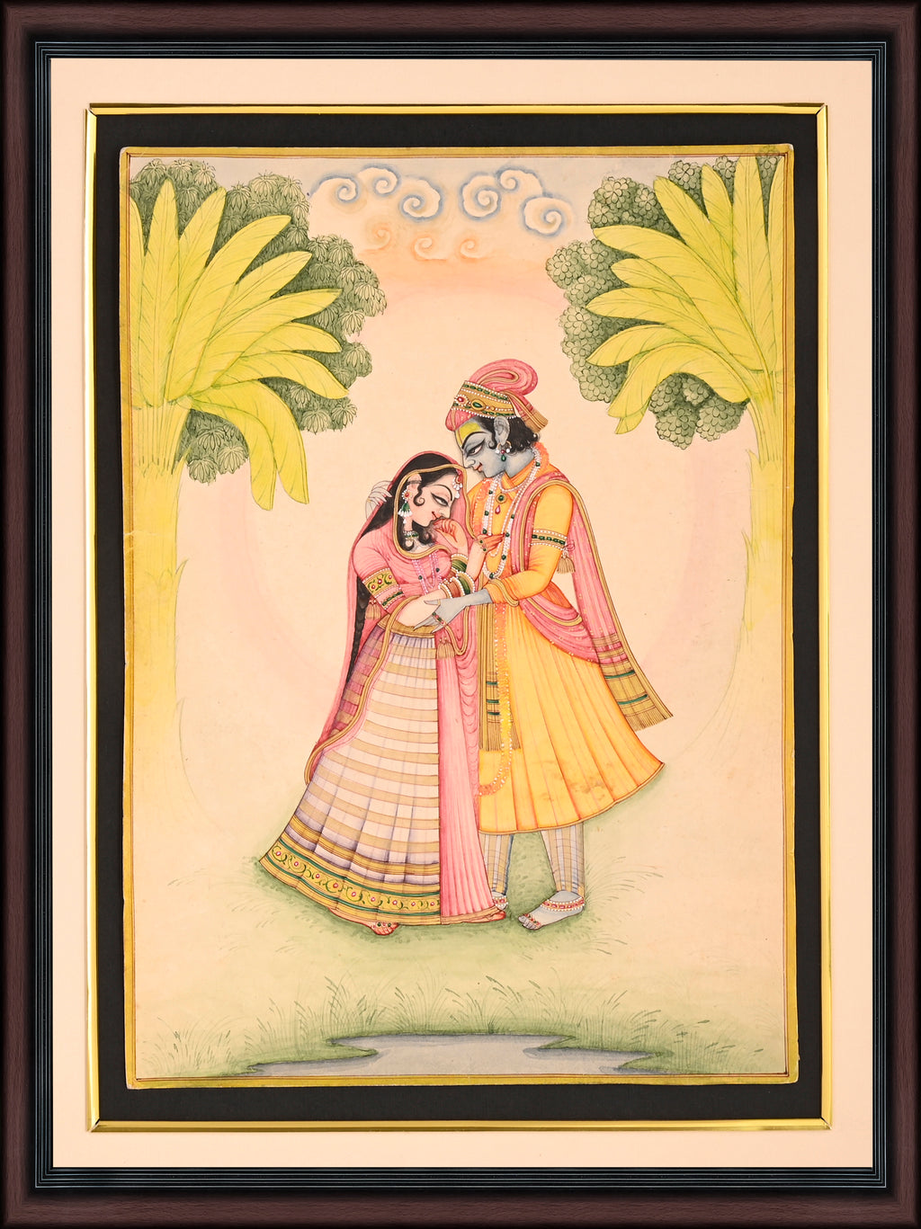 Radha Krishna Embracing under Banana Trees — Miniature on Paper (13×9 in)