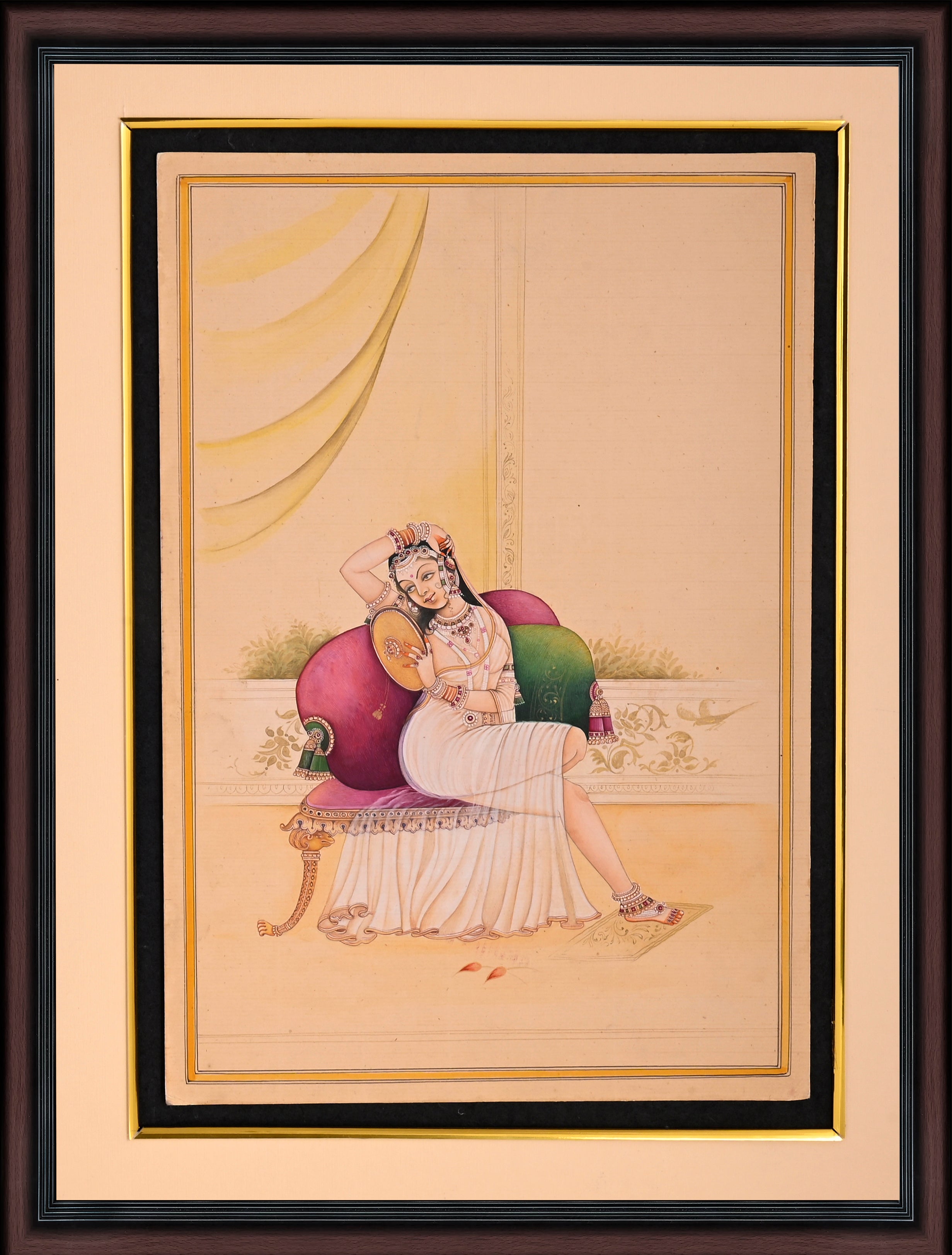 Lady at Her Toilette with Mirror — Company School Miniature on Paper (13×9 in)
