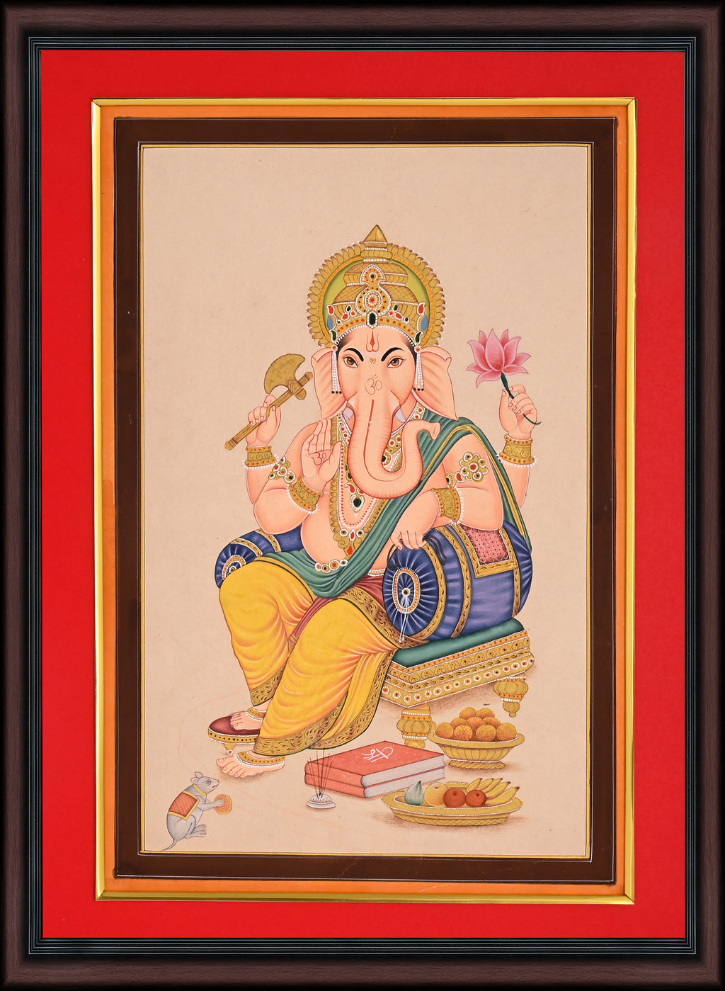 Lord Ganesha with Scriptures and Offerings — Devotional Miniature on Paper (13×9 in)