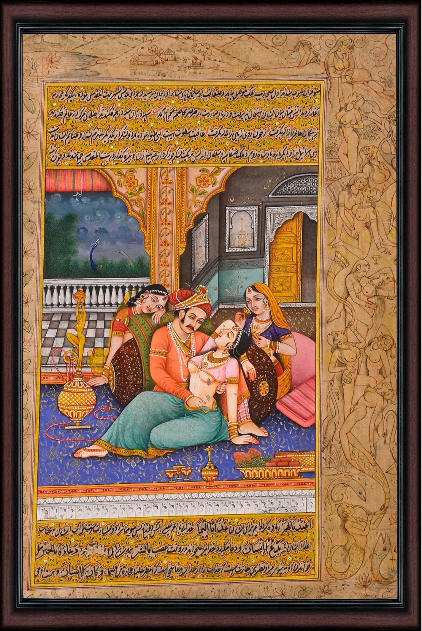 Mughal Manuscript Page with Romantic Scene — Illustrated Miniature on Paper