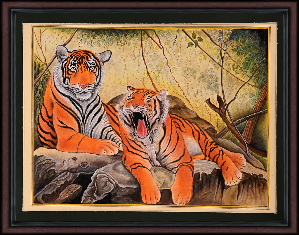 Two Bengal Tigers Resting in a Forest — Wildlife Miniature on Paper (14×11 in)