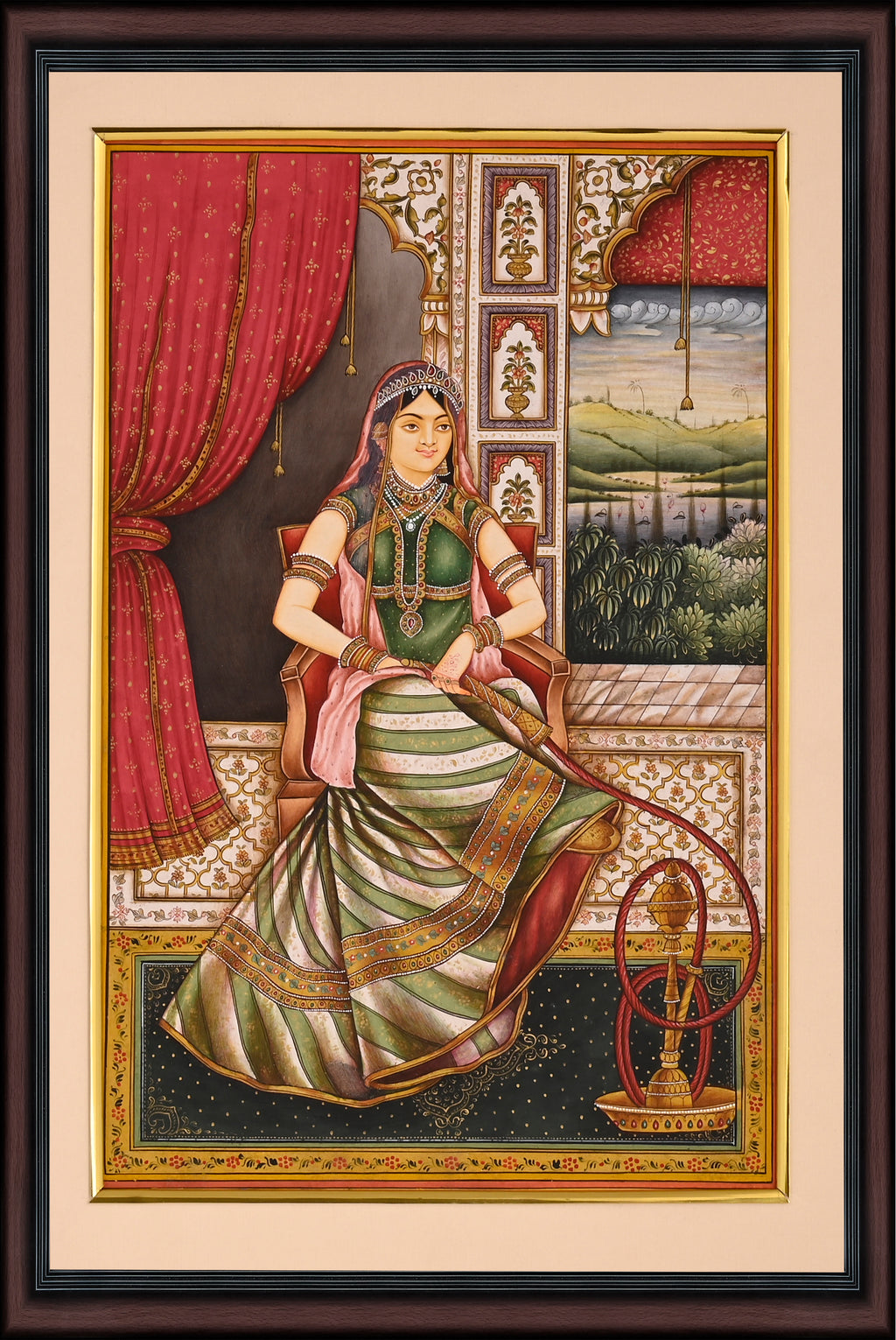 Rajput Noblewoman with Huqqa — Hand-Painted Miniature in Palace Interior