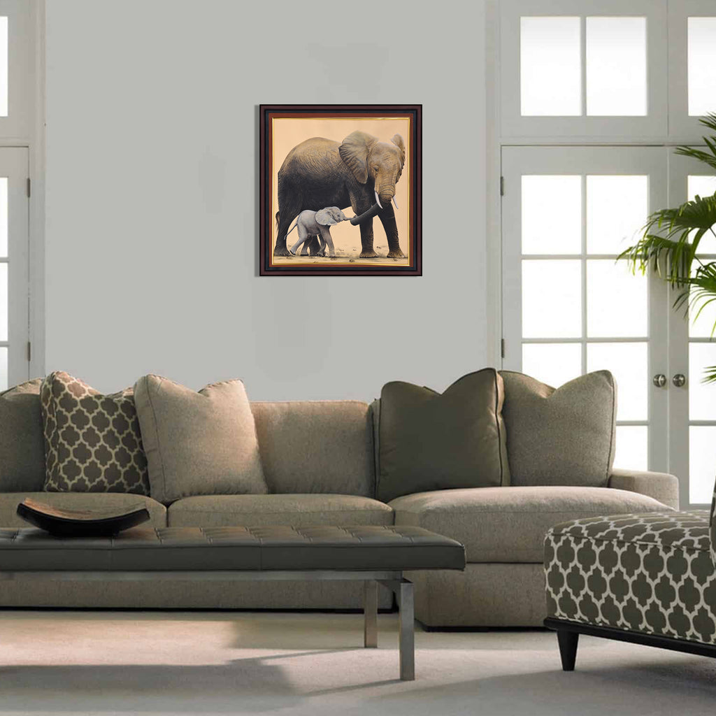 Mother Elephant and Calf — Wildlife Miniature on Paper (12×12 in)