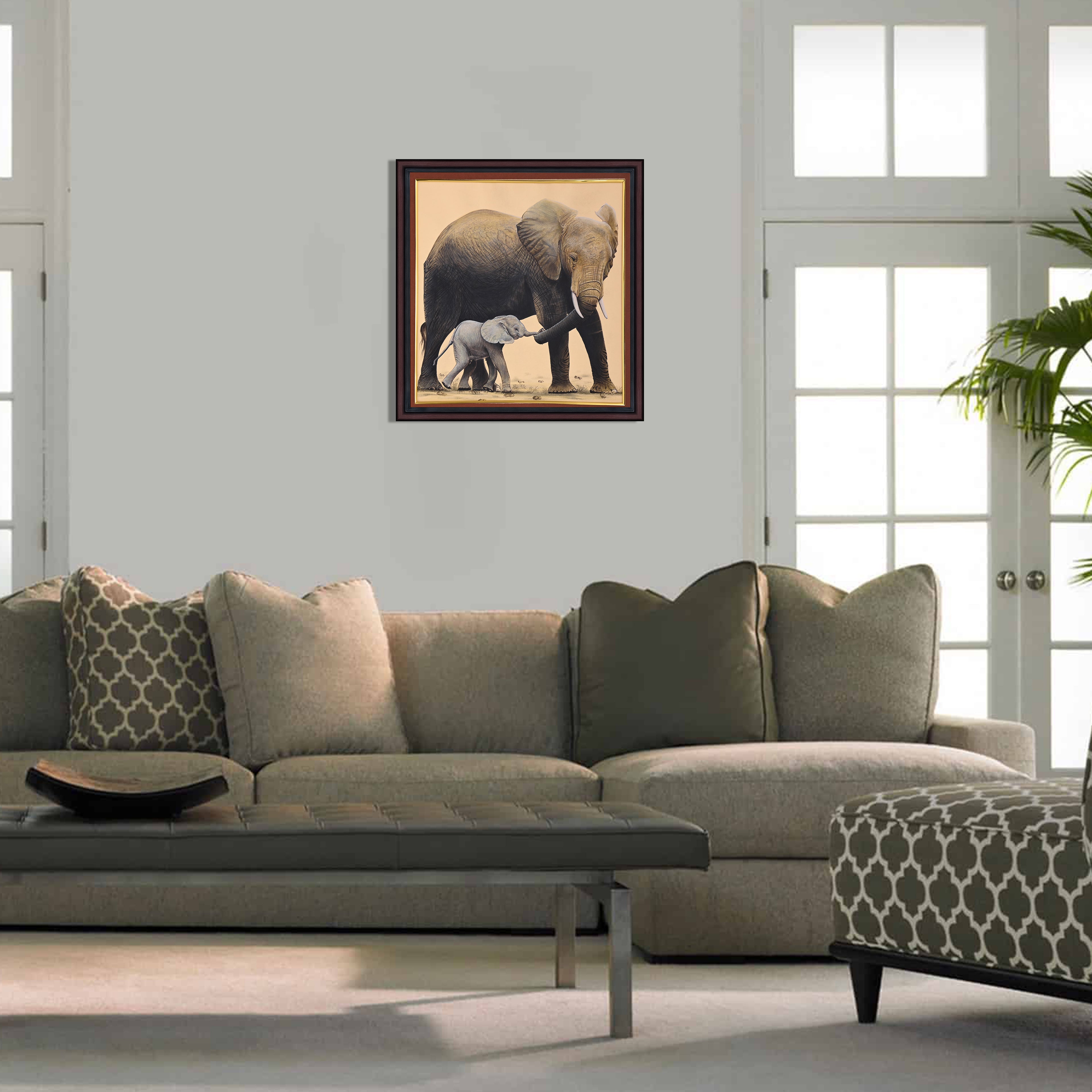 Mother Elephant and Calf — Wildlife Miniature on Paper (12×12 in)