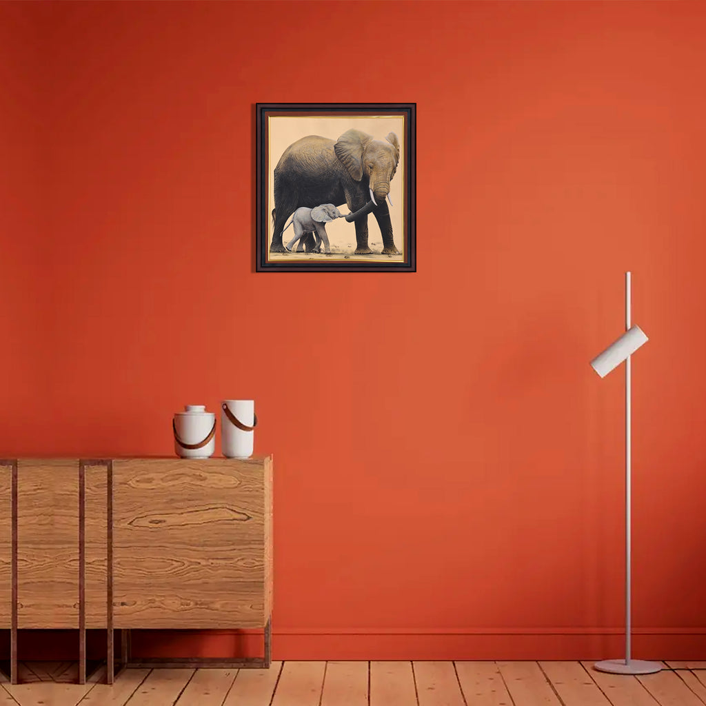 Mother Elephant and Calf — Wildlife Miniature on Paper (12×12 in)