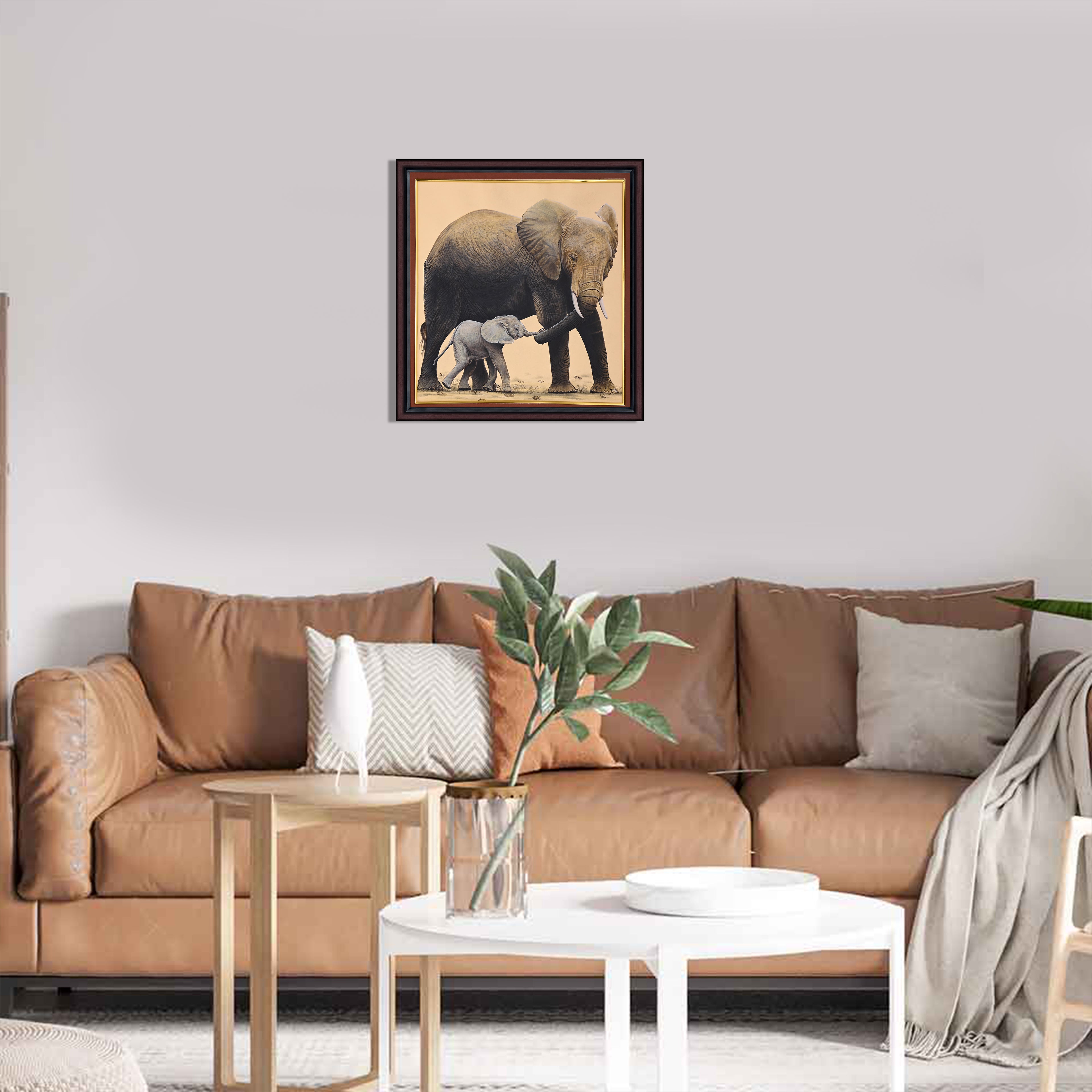 Mother Elephant and Calf — Wildlife Miniature on Paper (12×12 in)