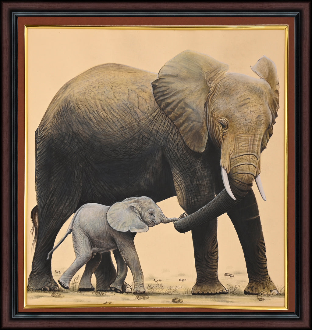 Mother Elephant and Calf — Wildlife Miniature on Paper (12×12 in)