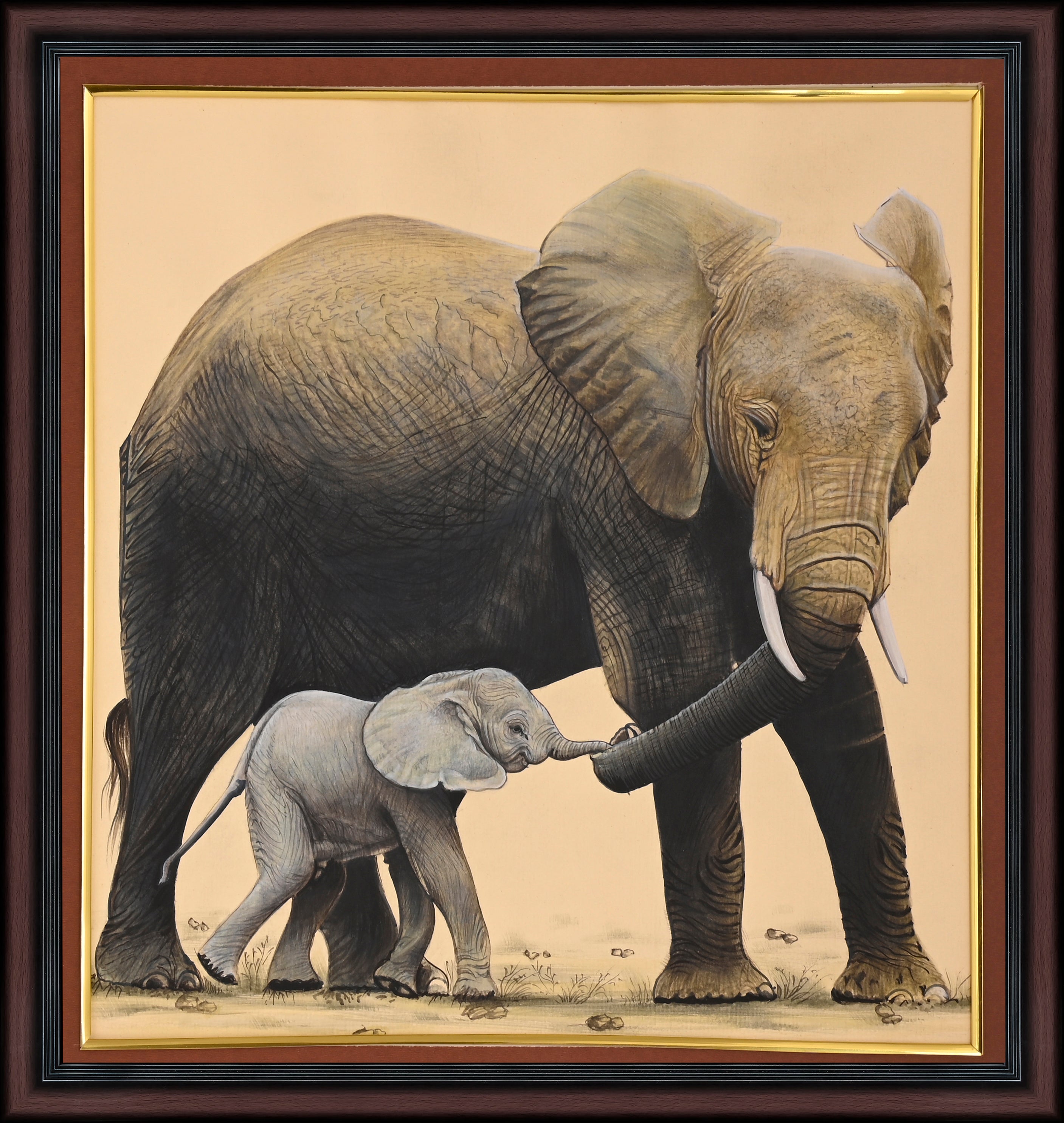 Mother Elephant and Calf — Wildlife Miniature on Paper (12×12 in)