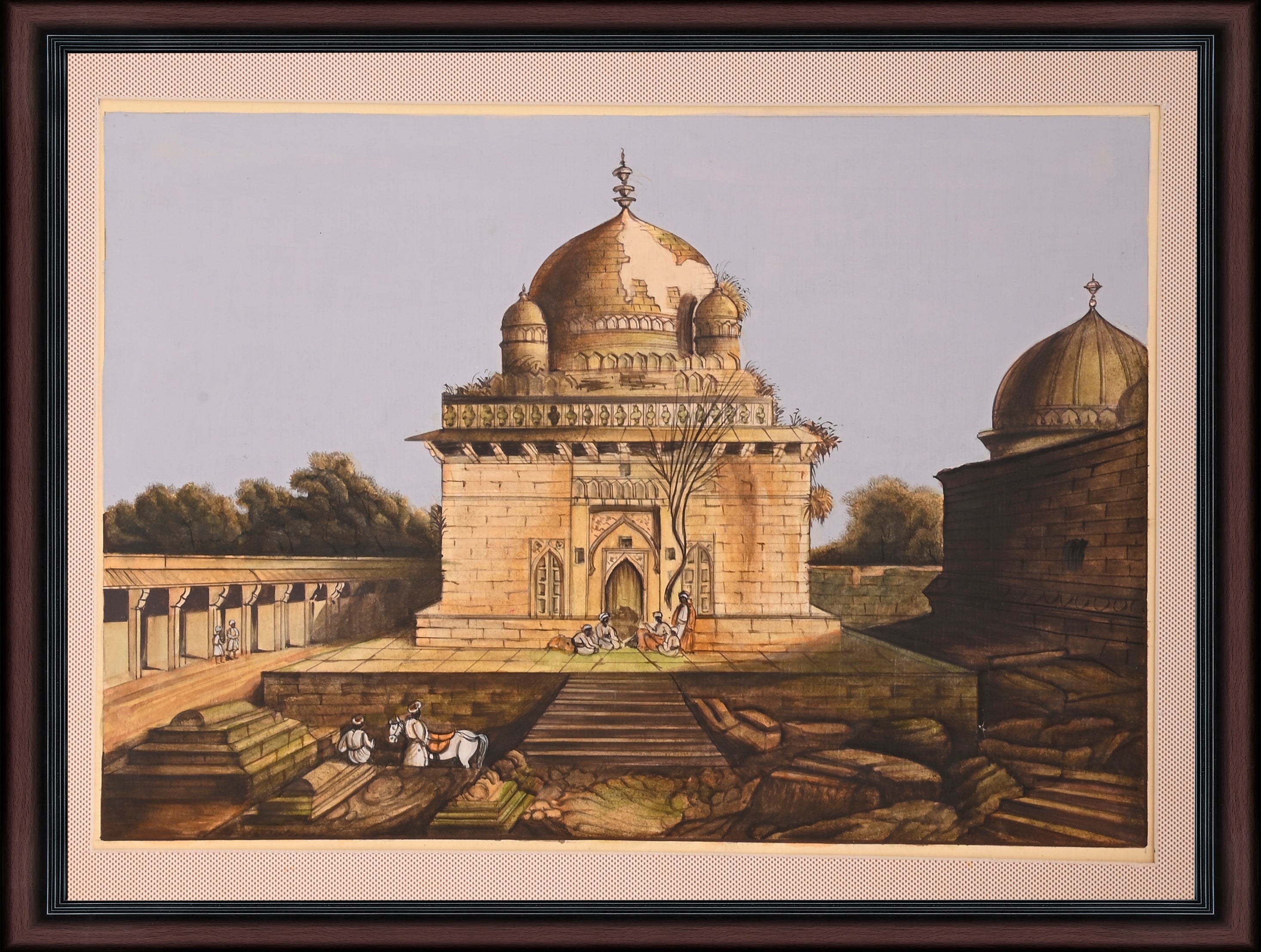 Mughal Mausoleum with Colonnaded Enclosure — Company School Painting on Paper