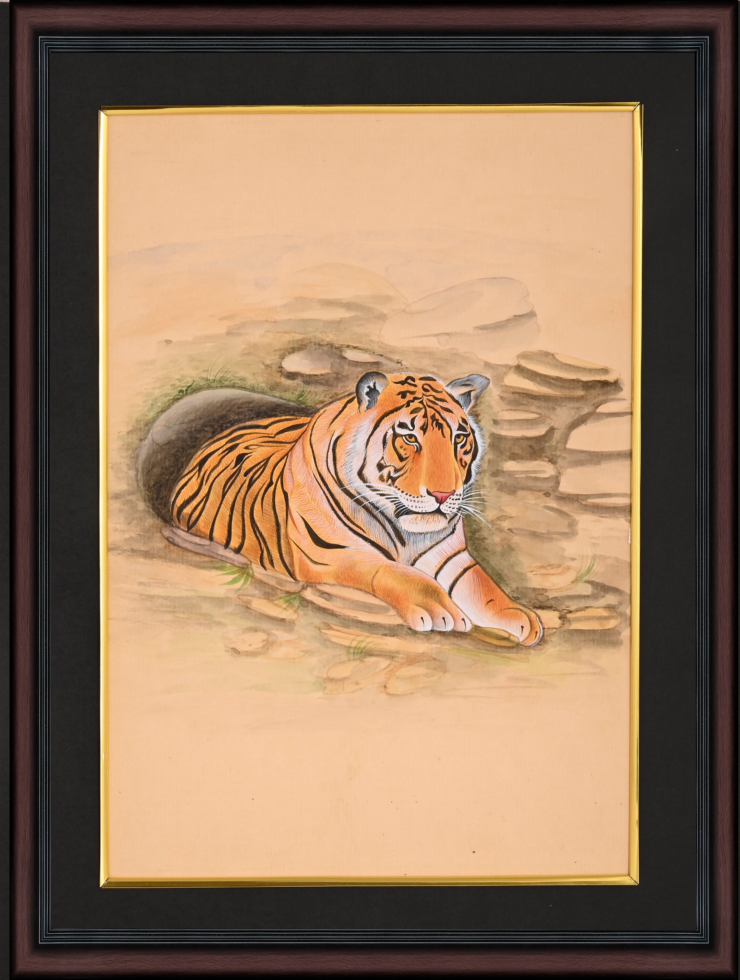 Bengal Tiger at Rest — Hand-Painted Wildlife Miniature on Paper