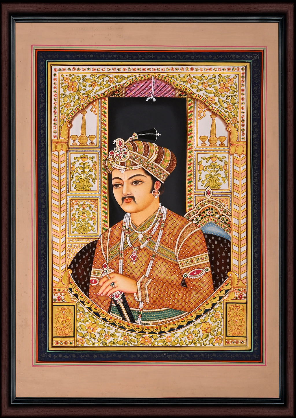 Mughal Emperor in Jewelled Turban — Hand-Painted Miniature Portrait on Paper
