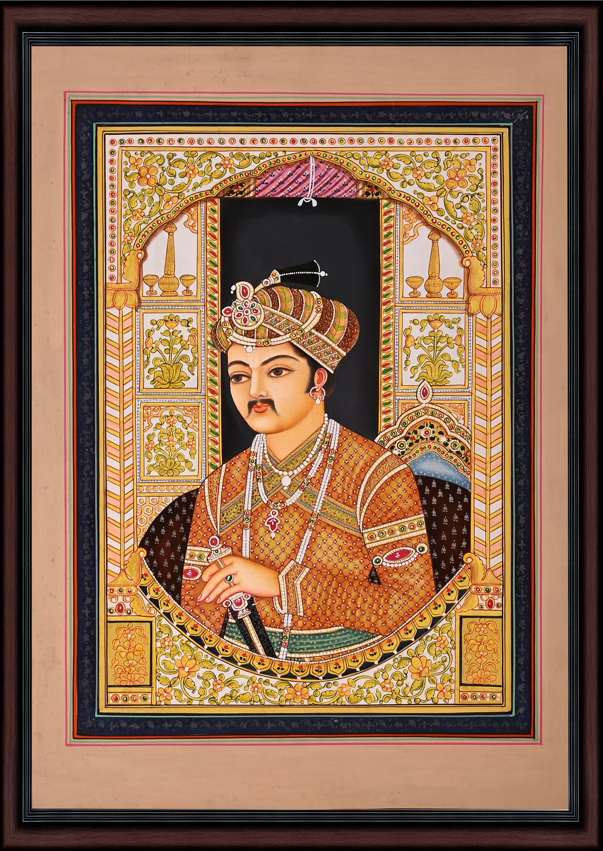 Mughal Emperor in Jewelled Turban — Hand-Painted Miniature Portrait on Paper