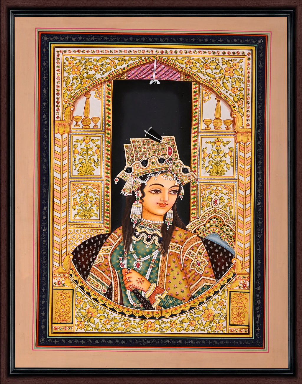 Mughal Queen in Floral Arch — Hand-Painted Miniature Portrait on Paper