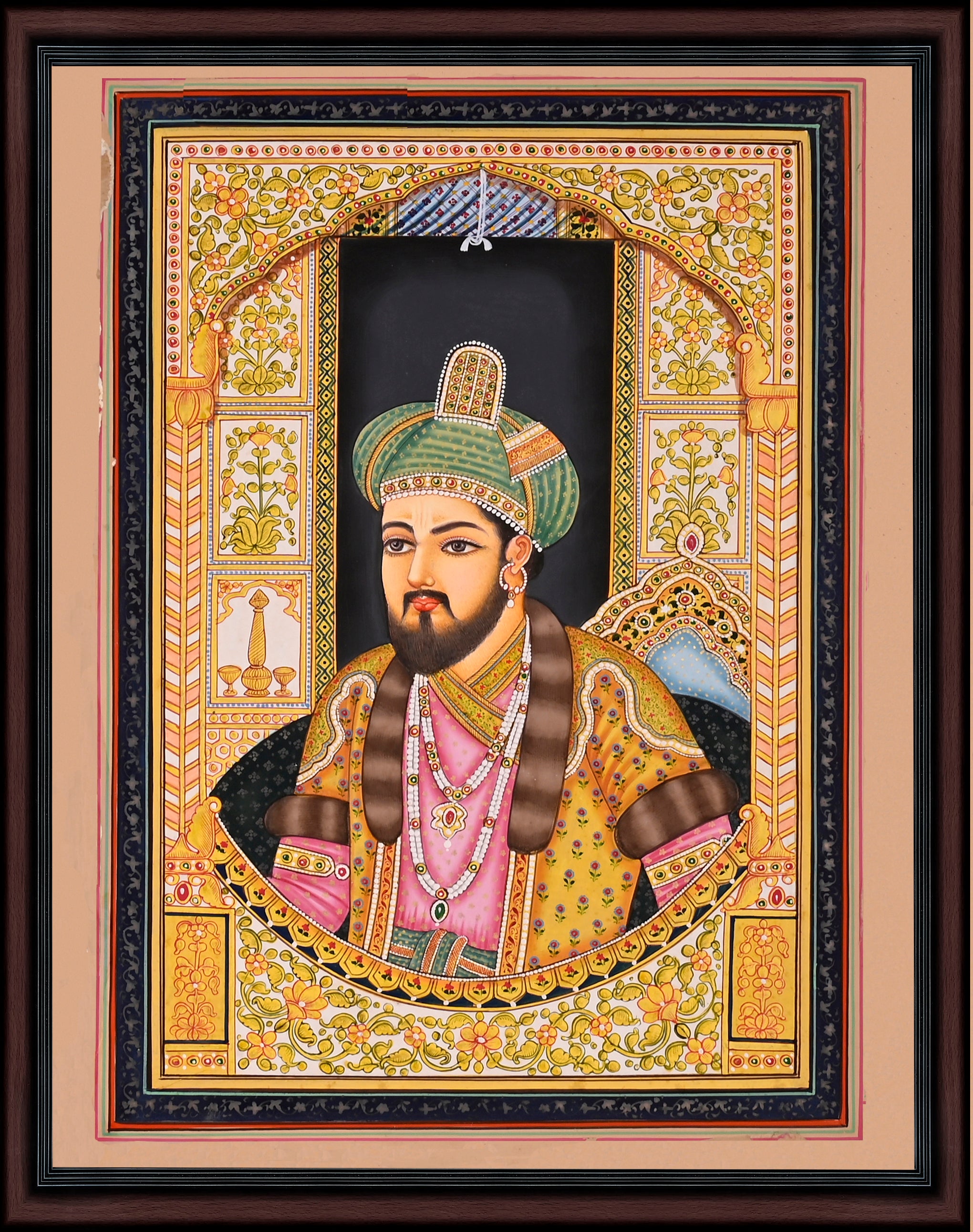 Mughal Emperor with Green Turban — Hand-Painted Miniature Portrait on Paper (11×8 in)