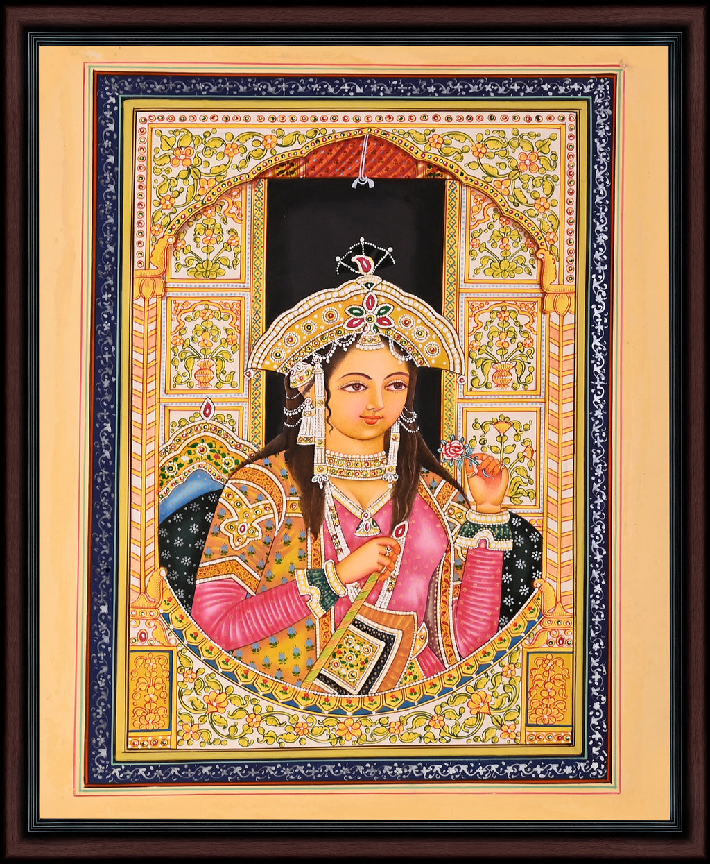 Mughal Queen with Rose — Hand-Painted Miniature Portrait on Paper