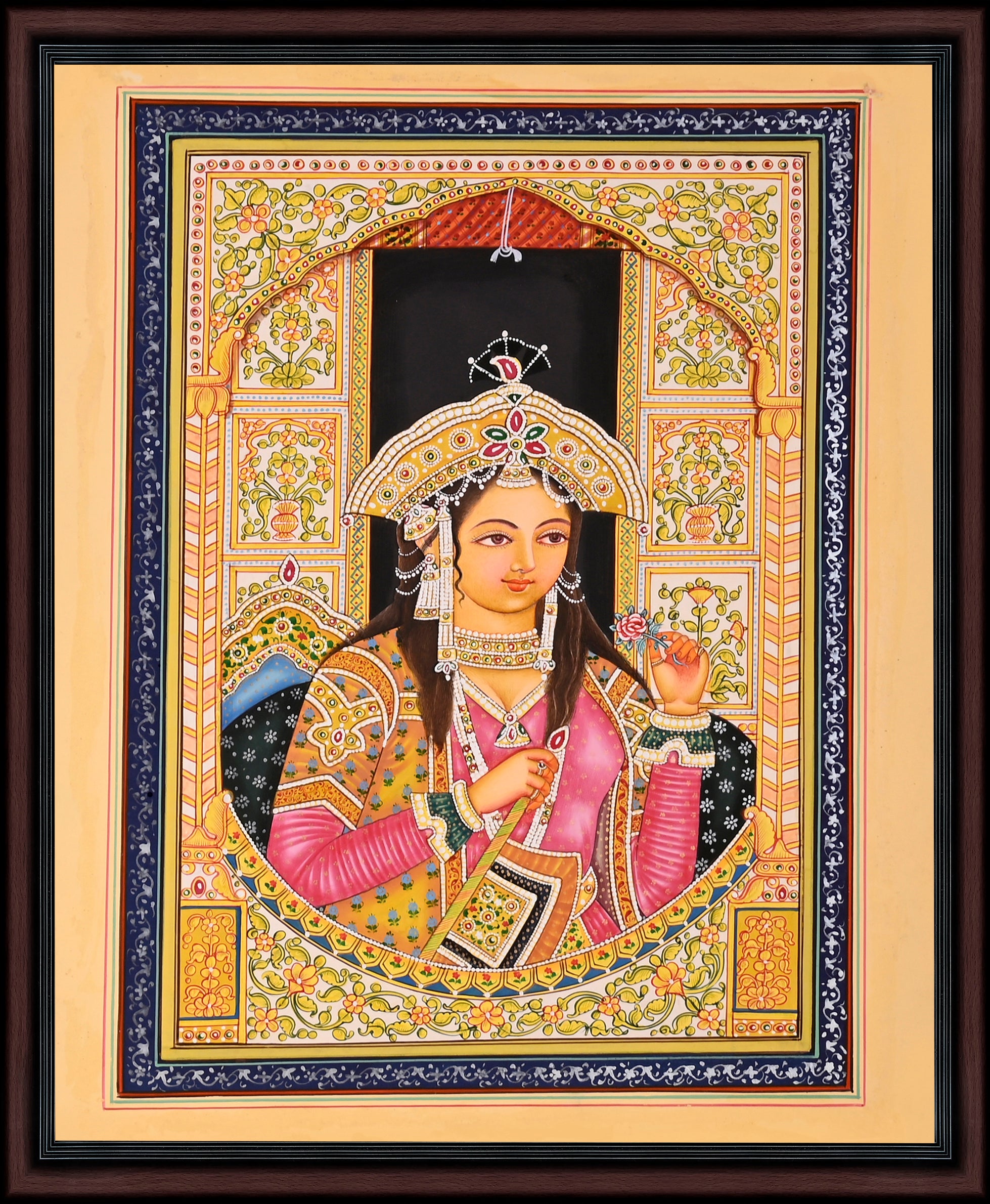 Mughal Queen with Rose — Hand-Painted Miniature Portrait on Paper