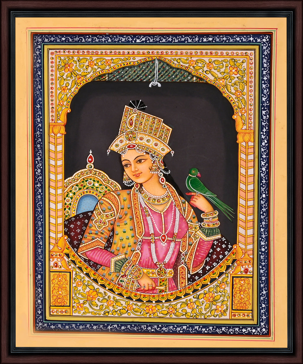 Mughal Queen with Parrot — Hand-Painted Miniature Portrait on Paper