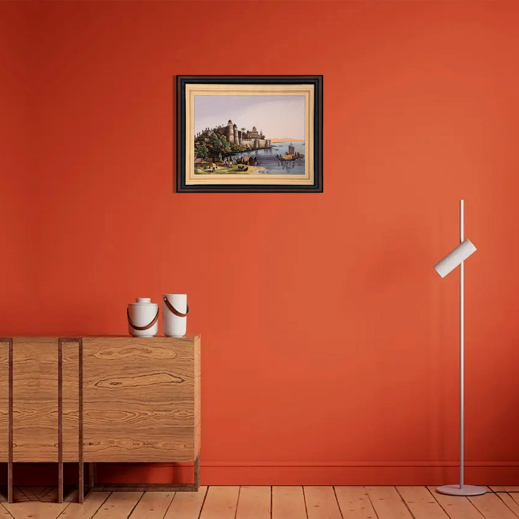 Riverside Fort — Company School Landscape Painting on Paper (12×11 in)