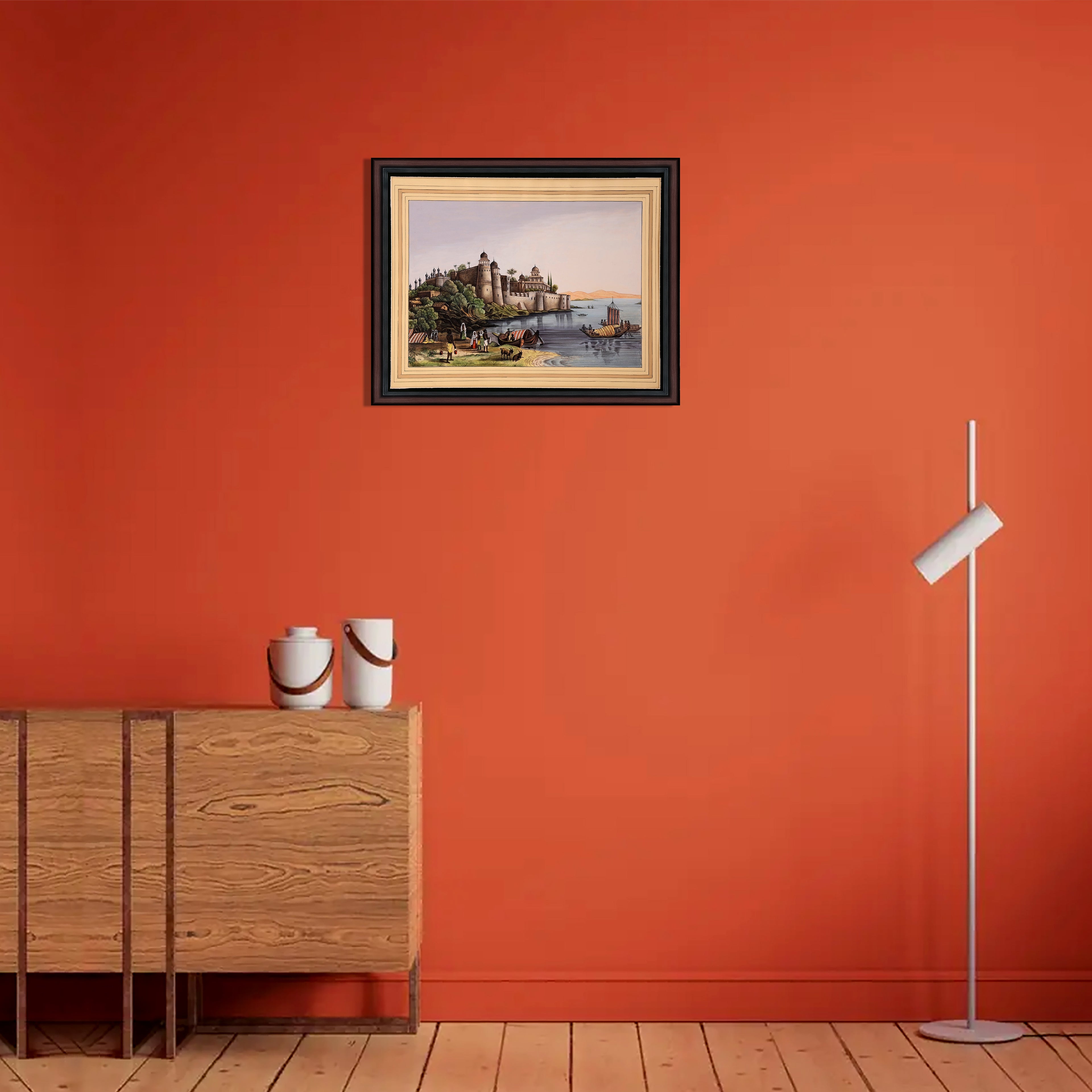 Riverside Fort — Company School Landscape Painting on Paper (12×11 in)