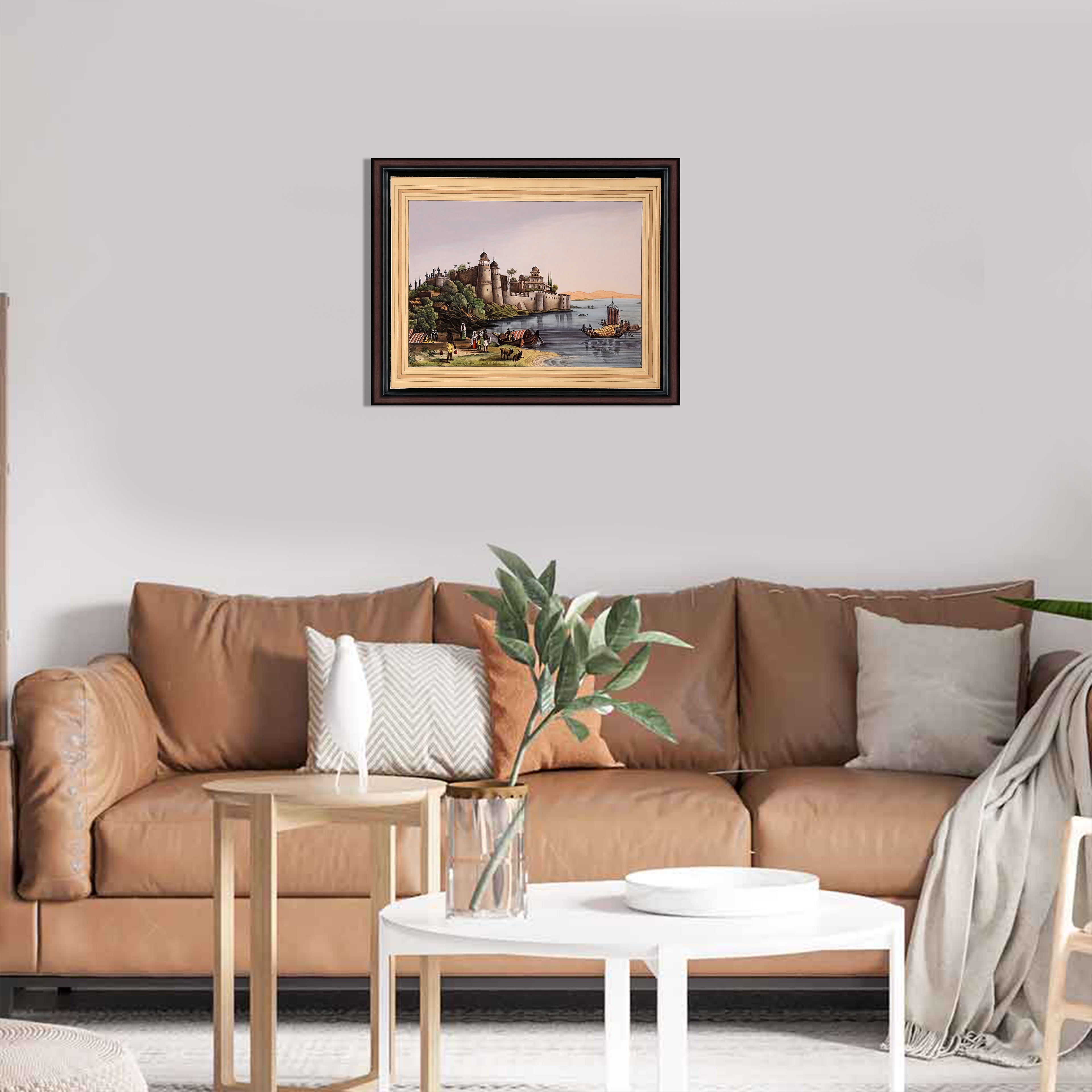 Riverside Fort — Company School Landscape Painting on Paper (12×11 in)