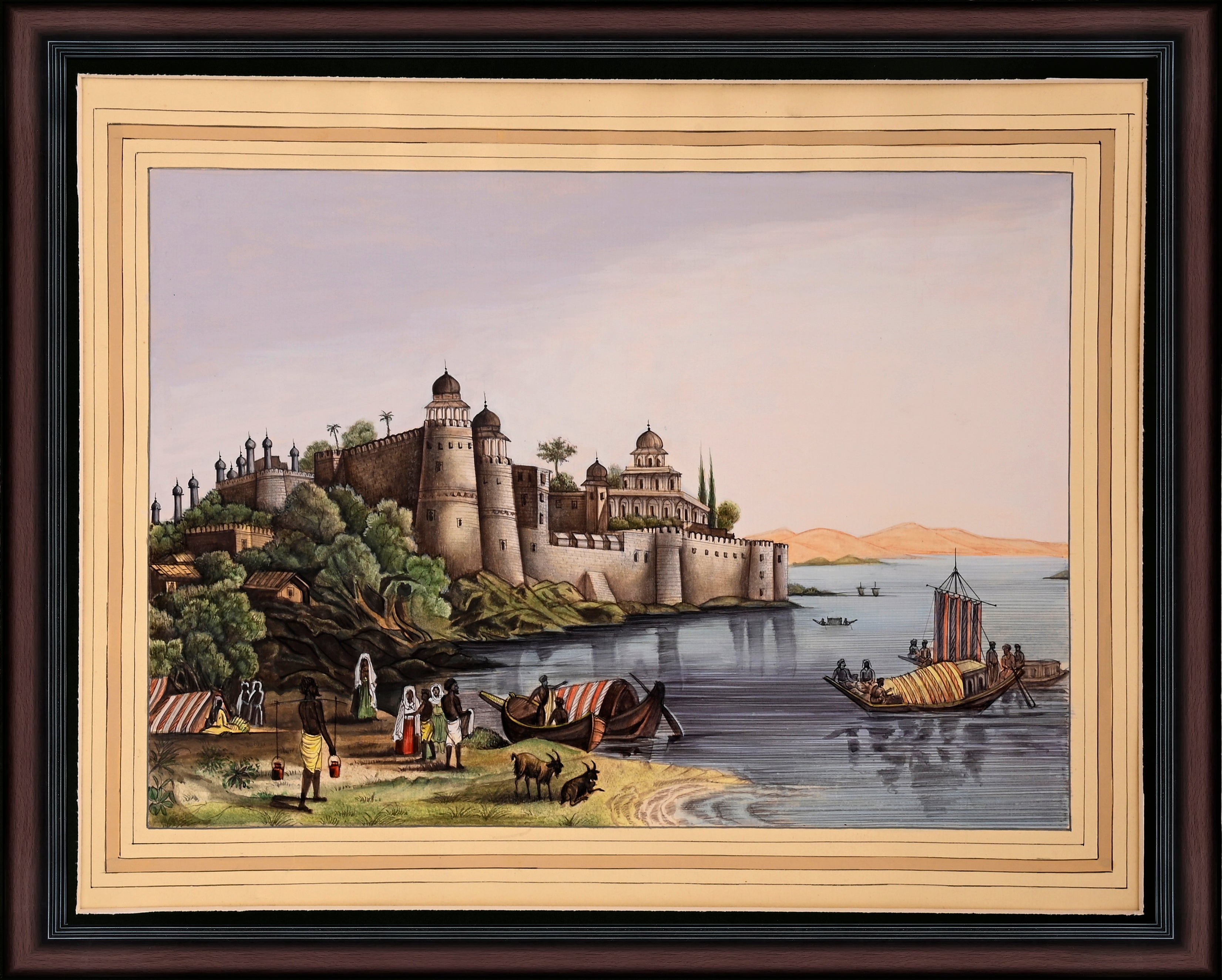 Riverside Fort — Company School Landscape Painting on Paper (12×11 in)
