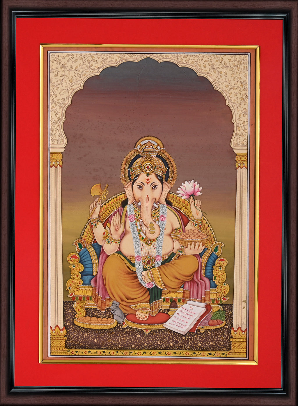 Lord Ganesha Seated under Ornate Arch — Devotional Miniature on Paper (12×8 in)