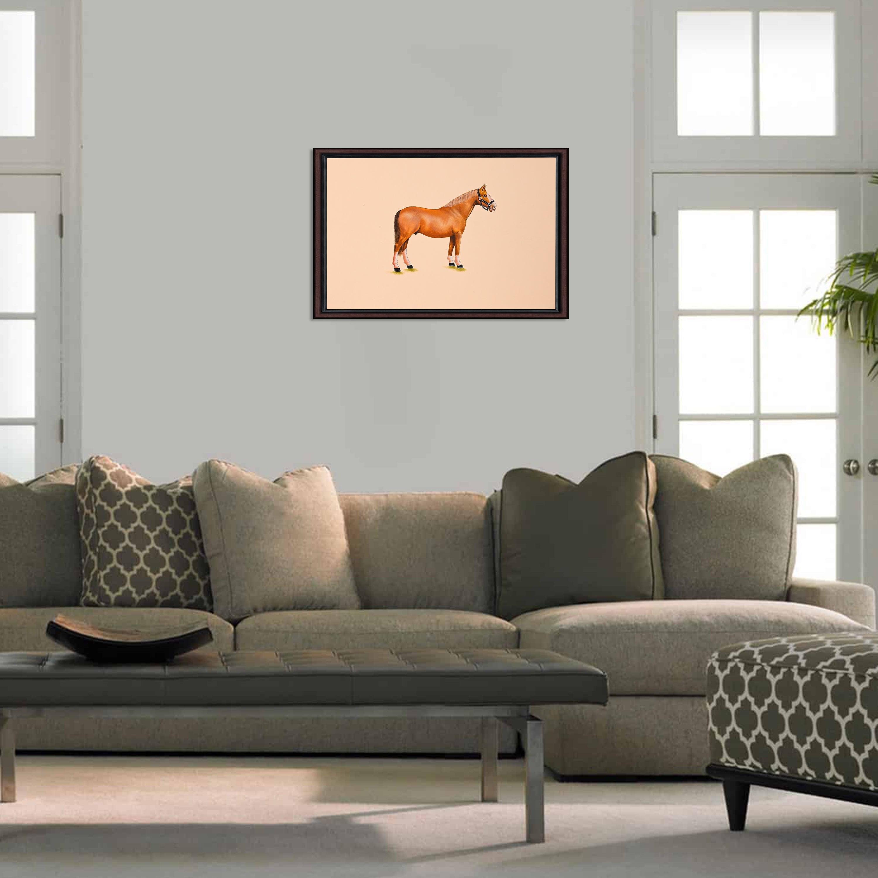Chestnut horse painting displayed in hall setting