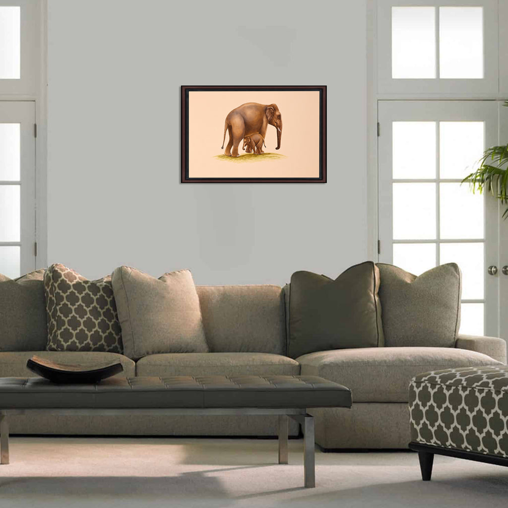 Elephant and calf painting displayed in hall setting