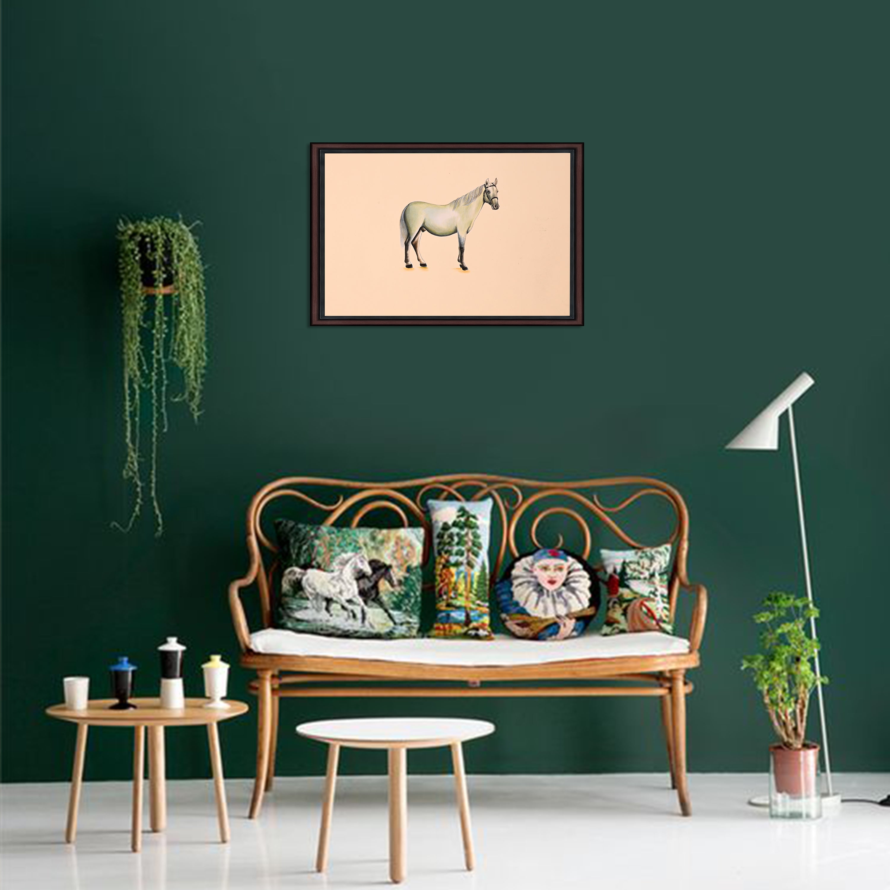 White horse painting displayed in room setting