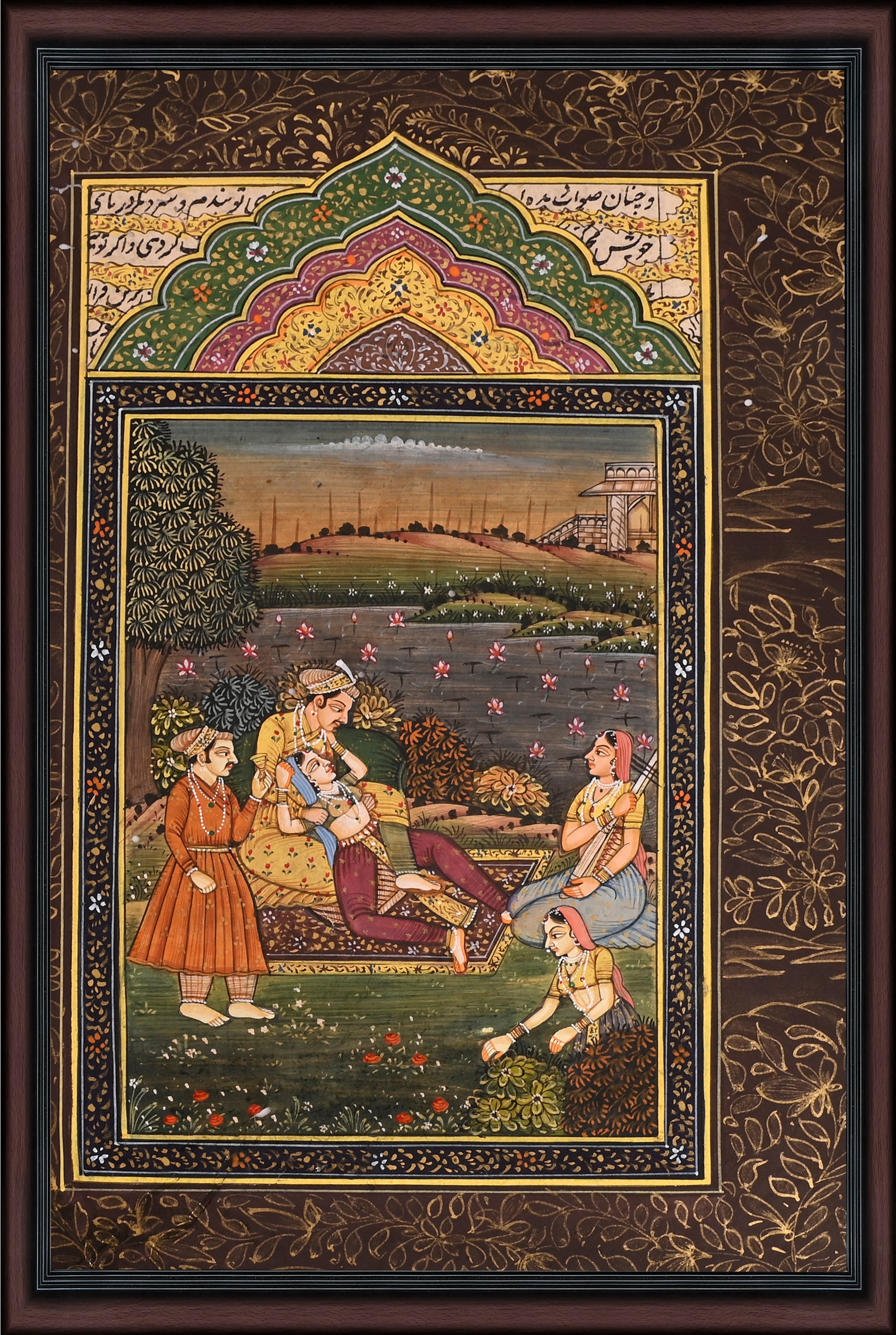 Nayaka Reclining by the Lotus Pool — Mughal Miniature 10×7