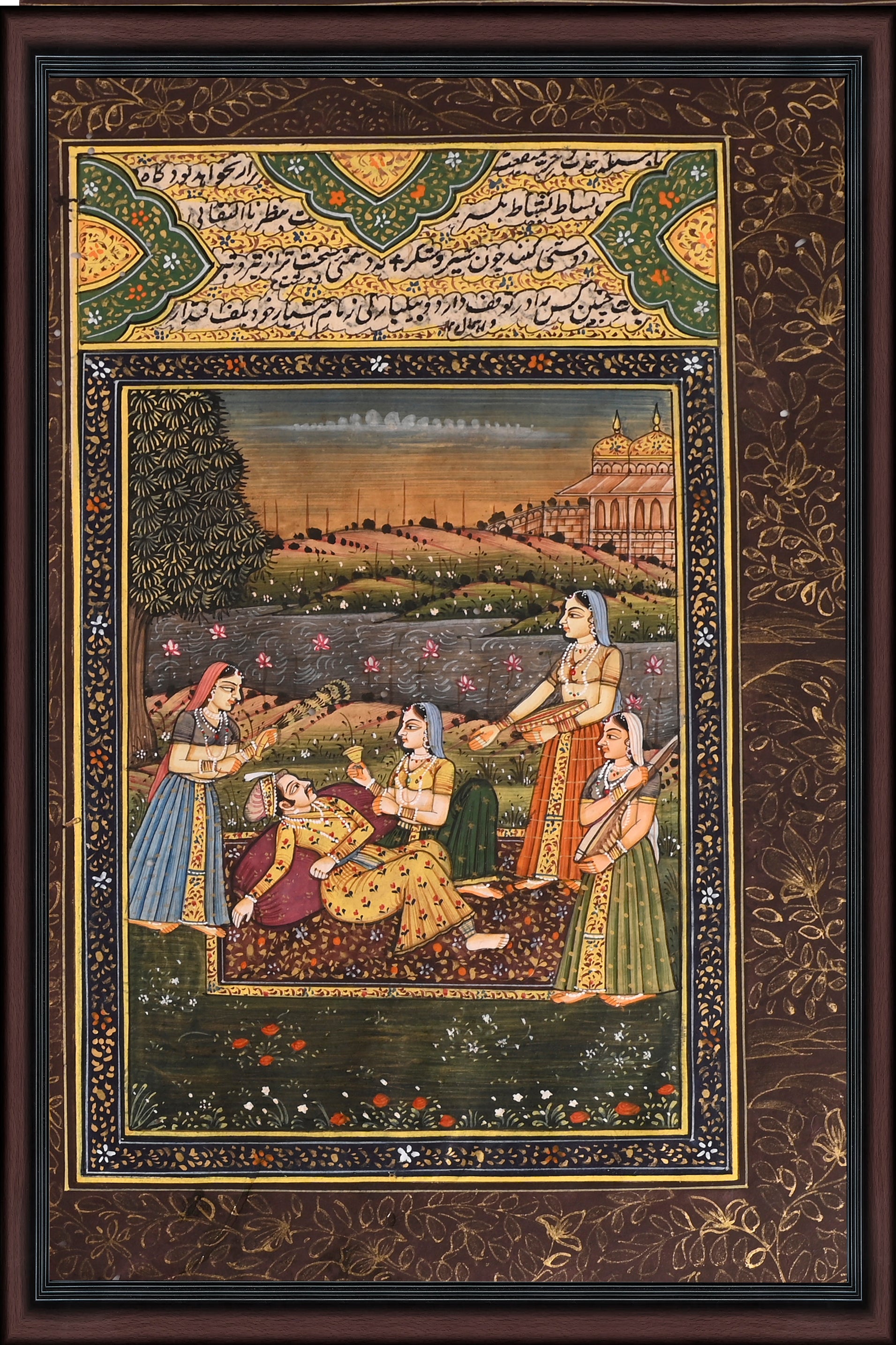 Noblewomen by the Riverside Garden — Mughal Miniature 10×7