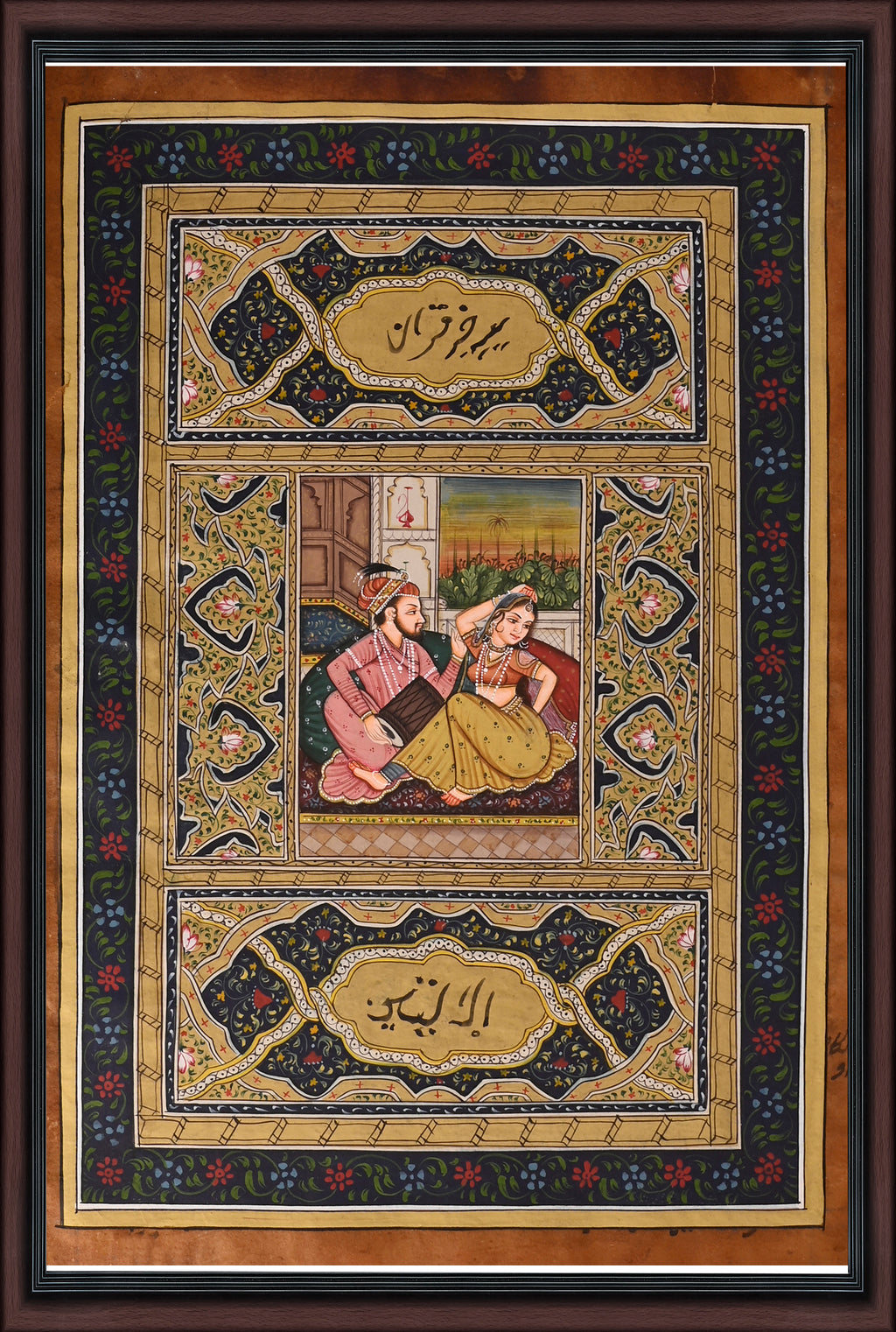 Couple in Intimate Discourse — Mughal Muraqqa Album Leaf 10×7
