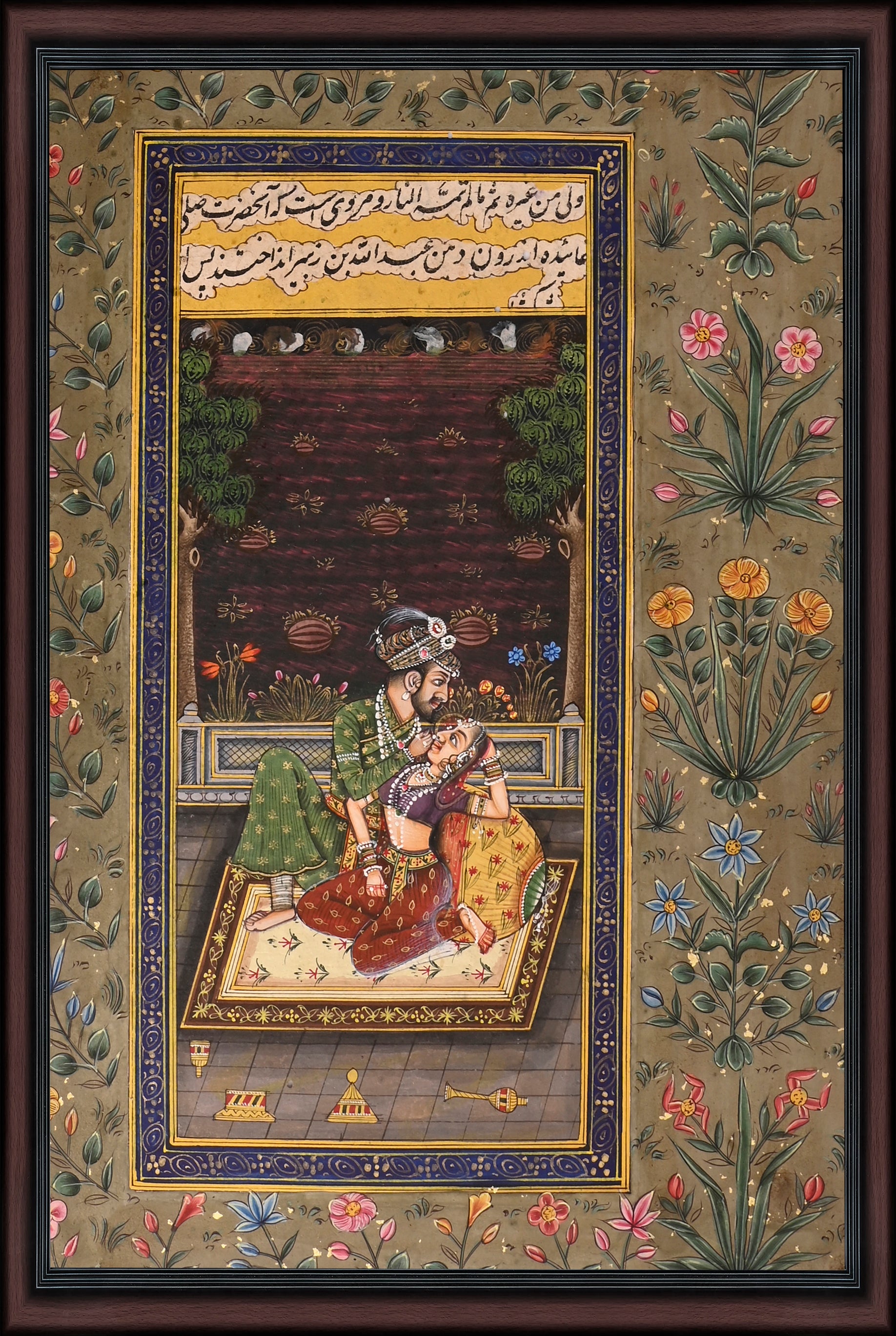 Lovers on the Terrace — Mughal Miniature with Floral Border 10×7